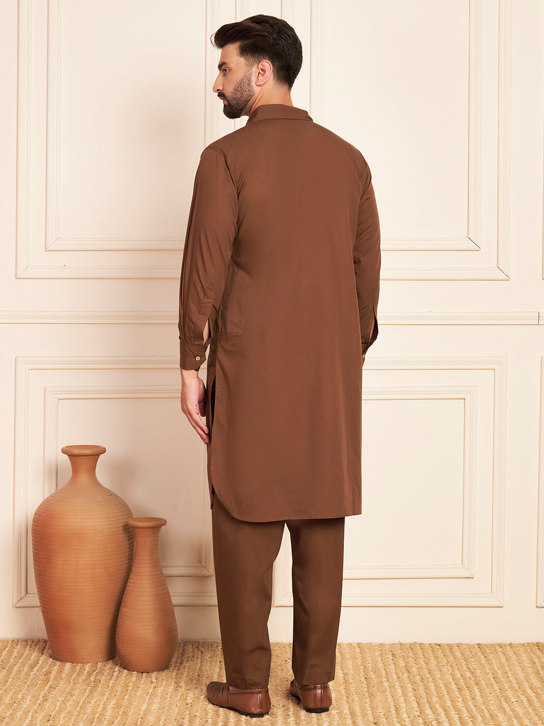 Premium Brown Solid Pathani Kurta Pajama for Men