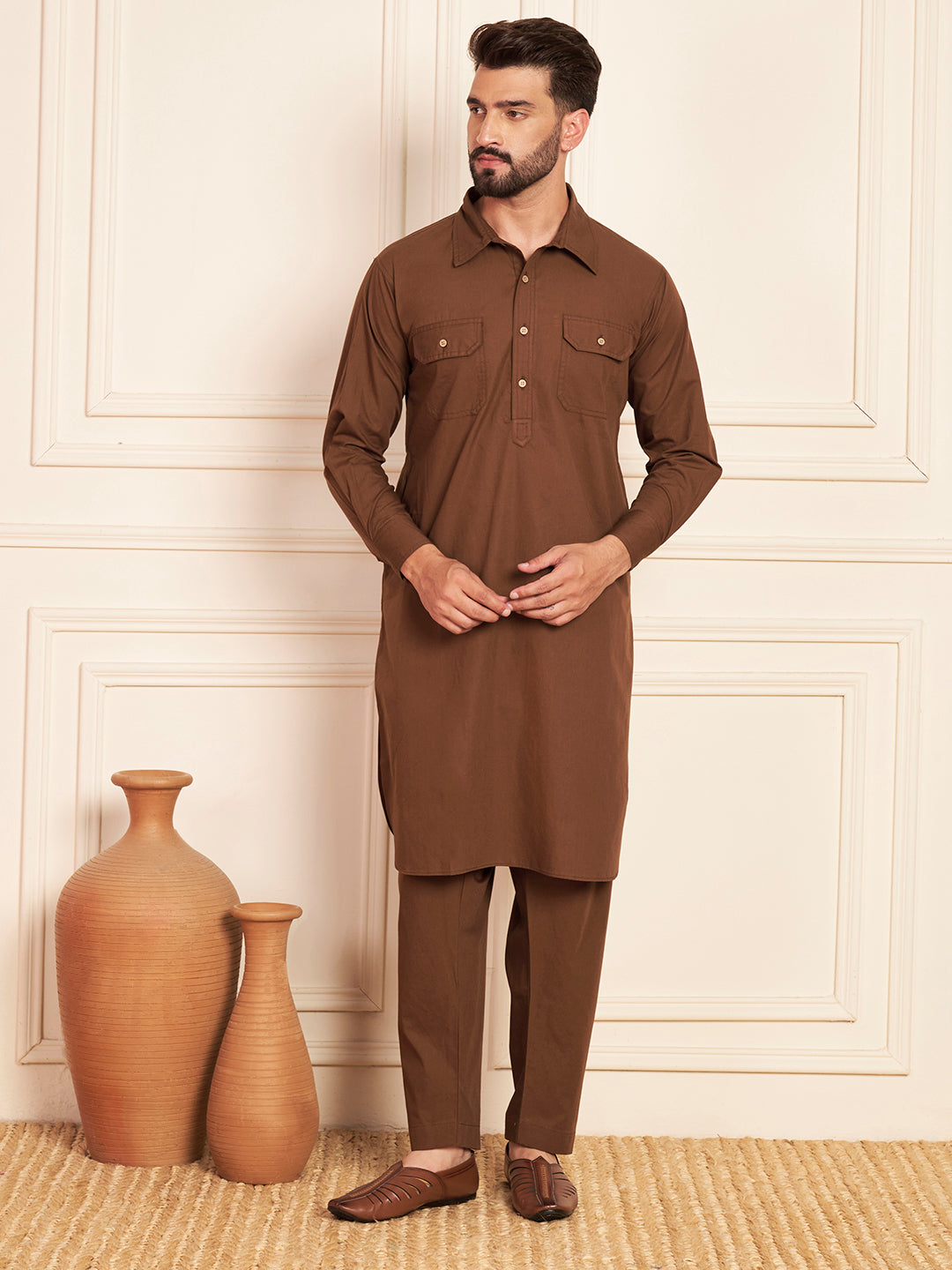 Premium Brown Solid Pathani Kurta Pajama for Men