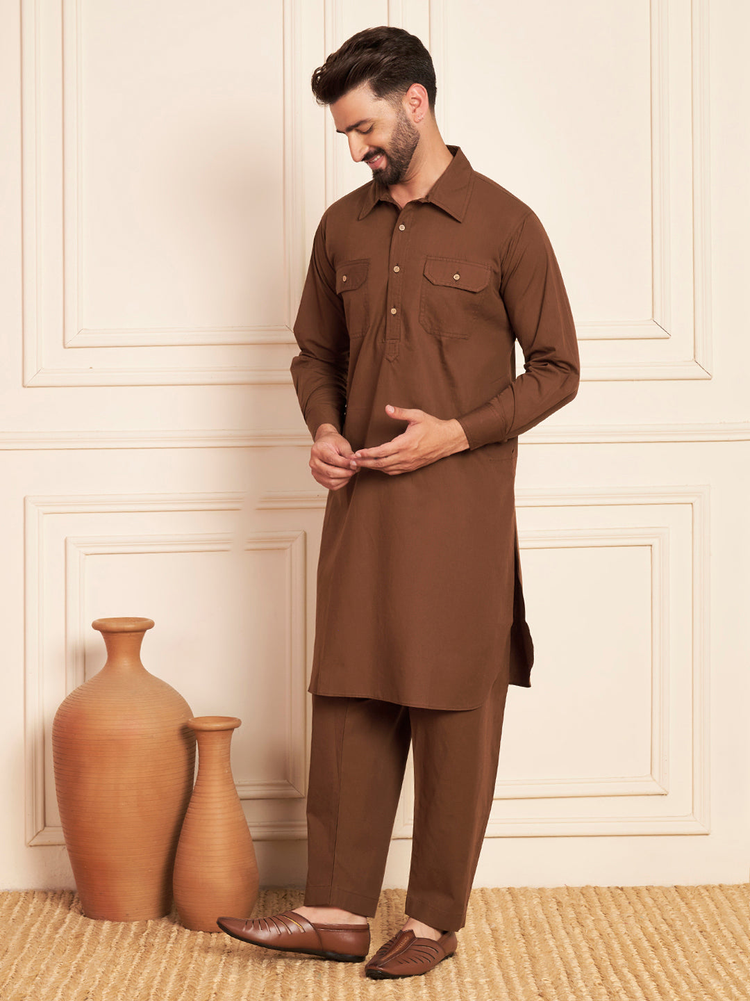 Premium Brown Solid Pathani Kurta Pajama for Men