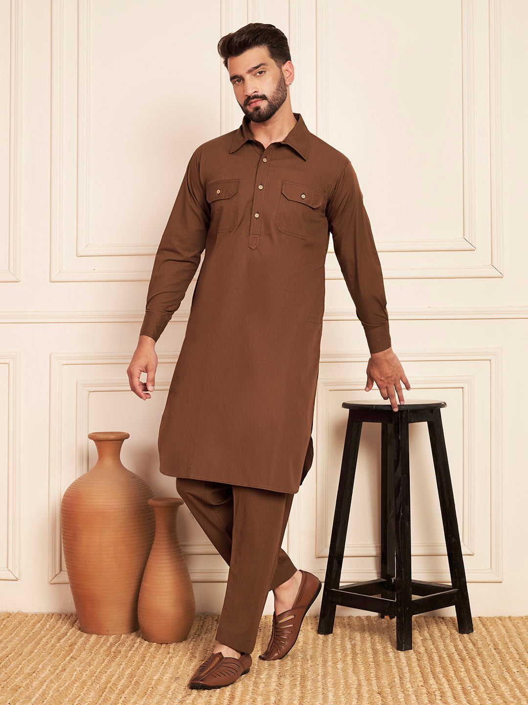 Premium Brown Solid Pathani Kurta Pajama for Men