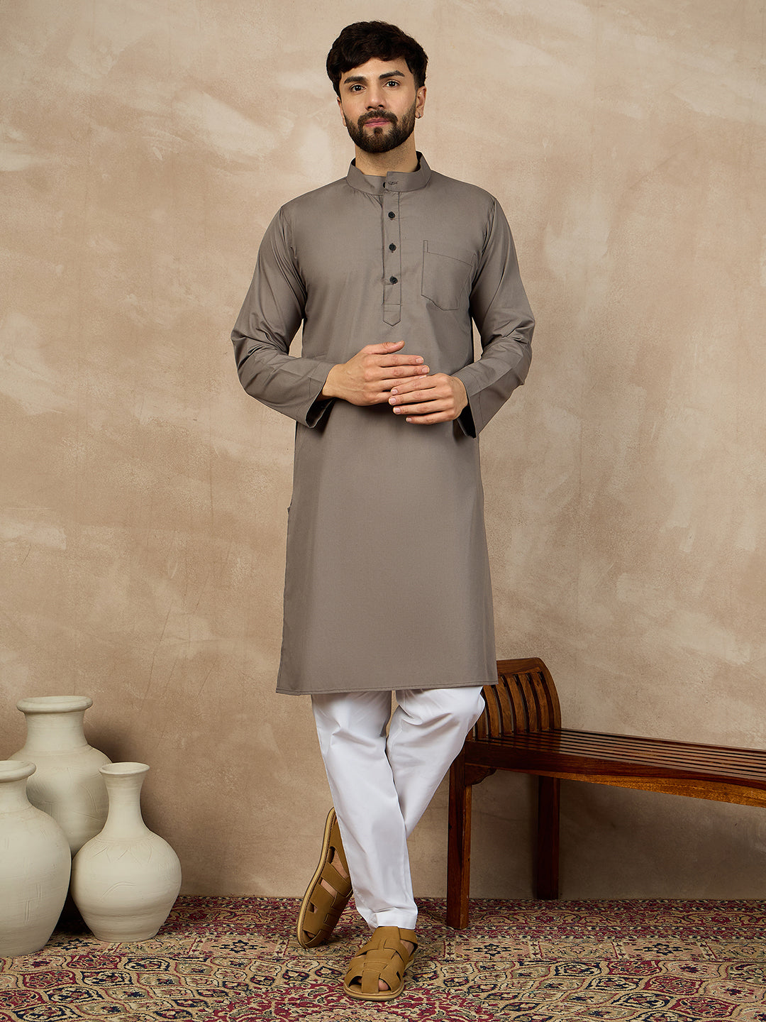 Fabsleek solid grey plain kurta for men