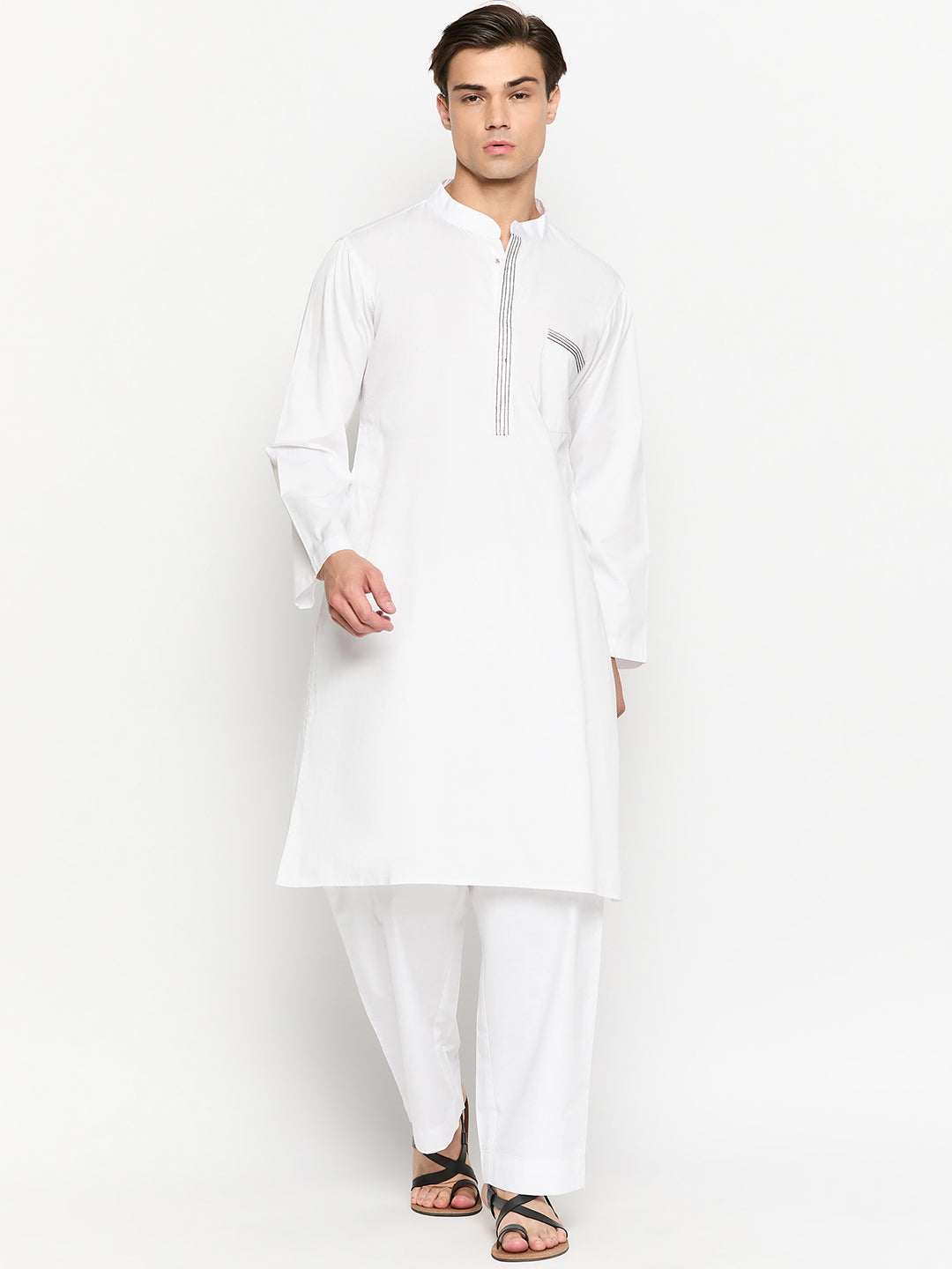Men's Cotton White Solid Kurta Pajama Set