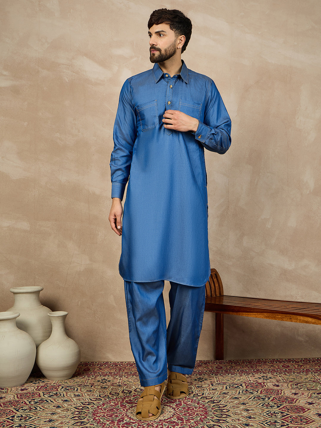 Men’s Blue Solid Denim Pathani Kurta Pajama Set