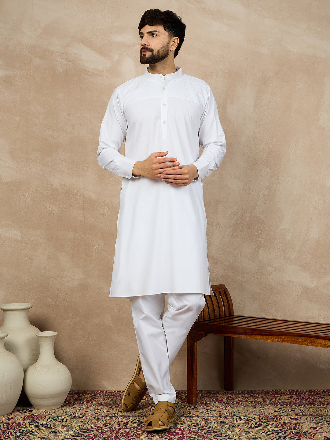 Fabsleek white plain kurta for men