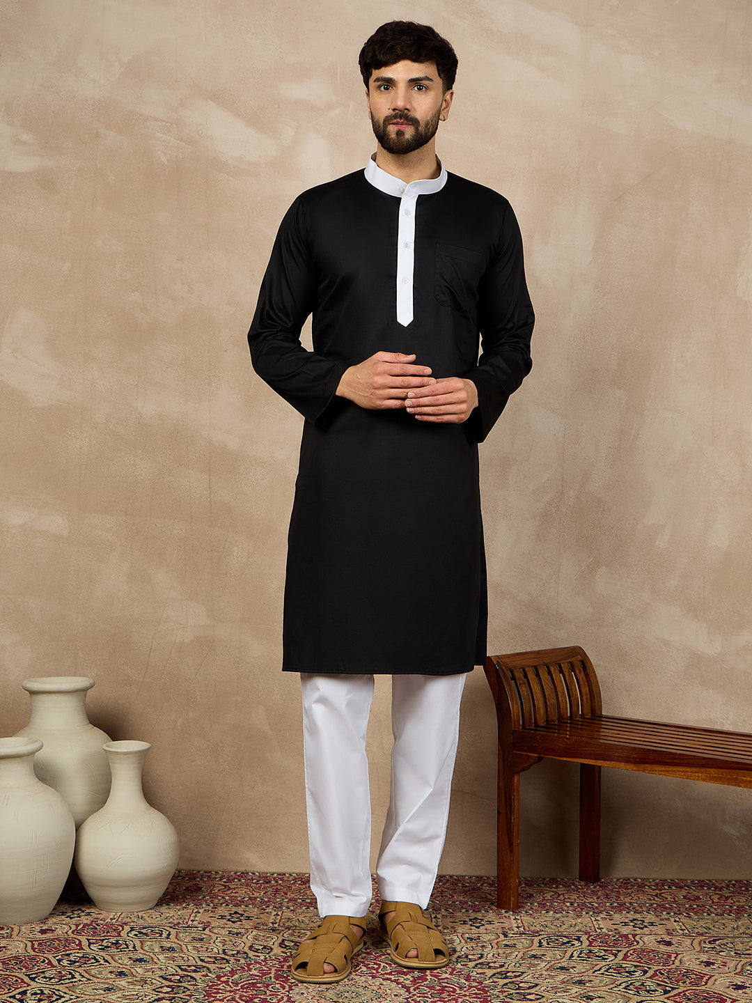 Fabsleek black plain kurta for men