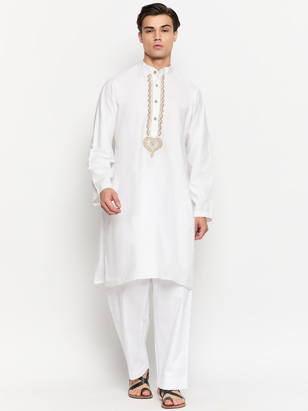 White Solid Embroidered Men's Kurta