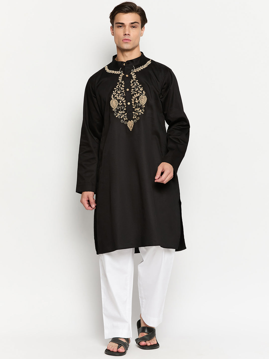 Embroidered Black Kurta with White Pajama