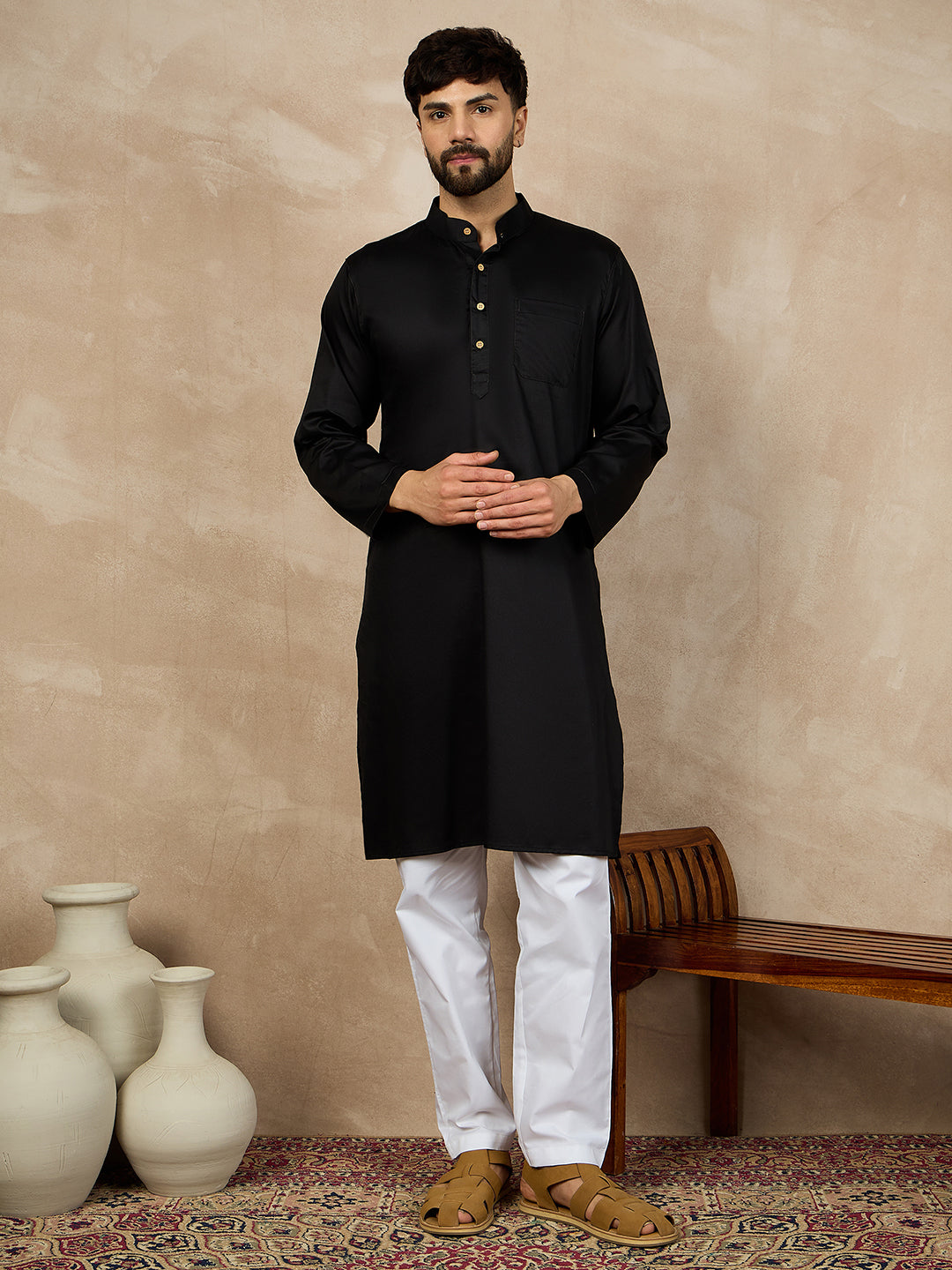 Black Kurta and White Pajama Set for Men