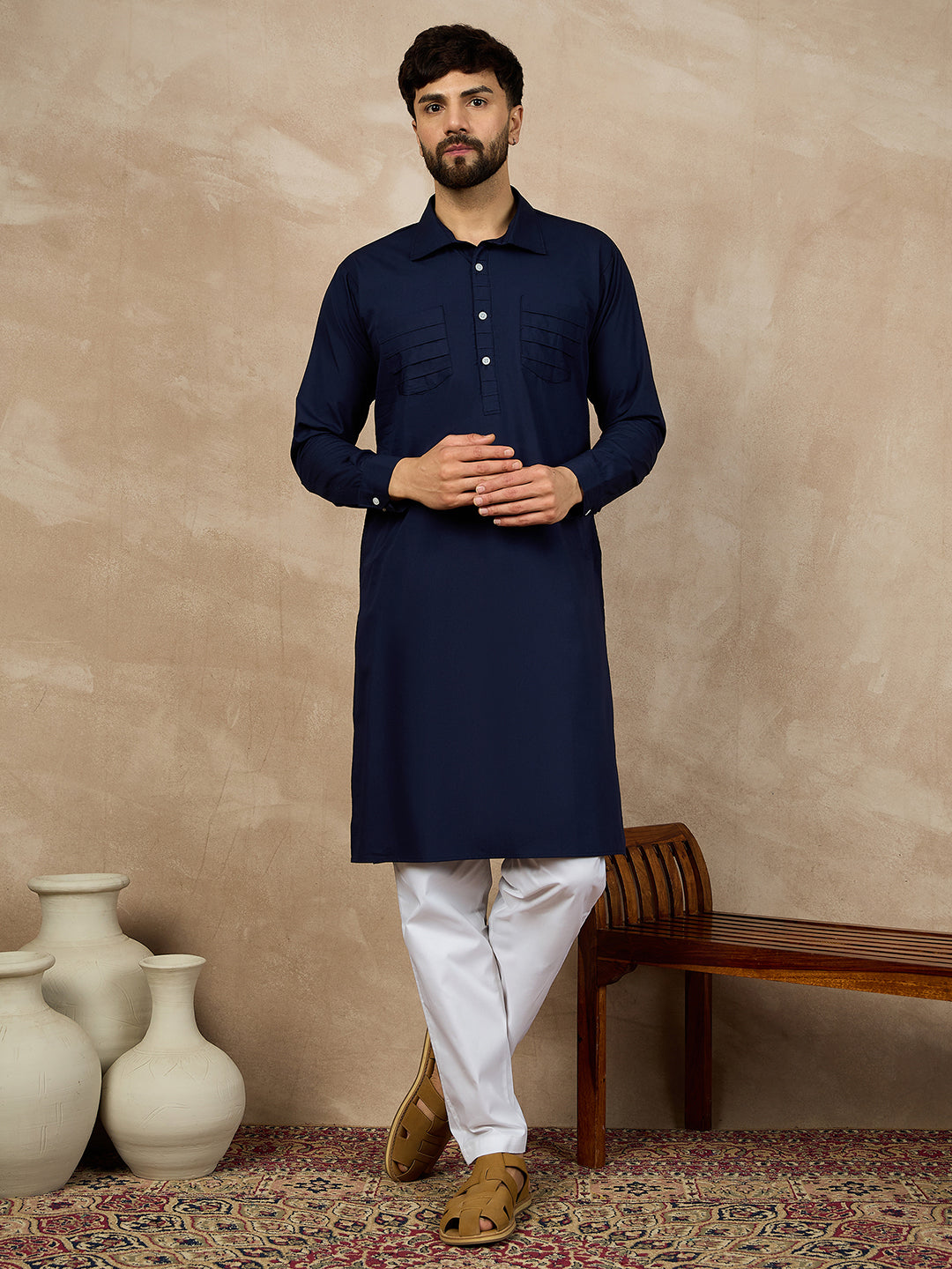 Blue Cotton Kurta with White Pajama for Men