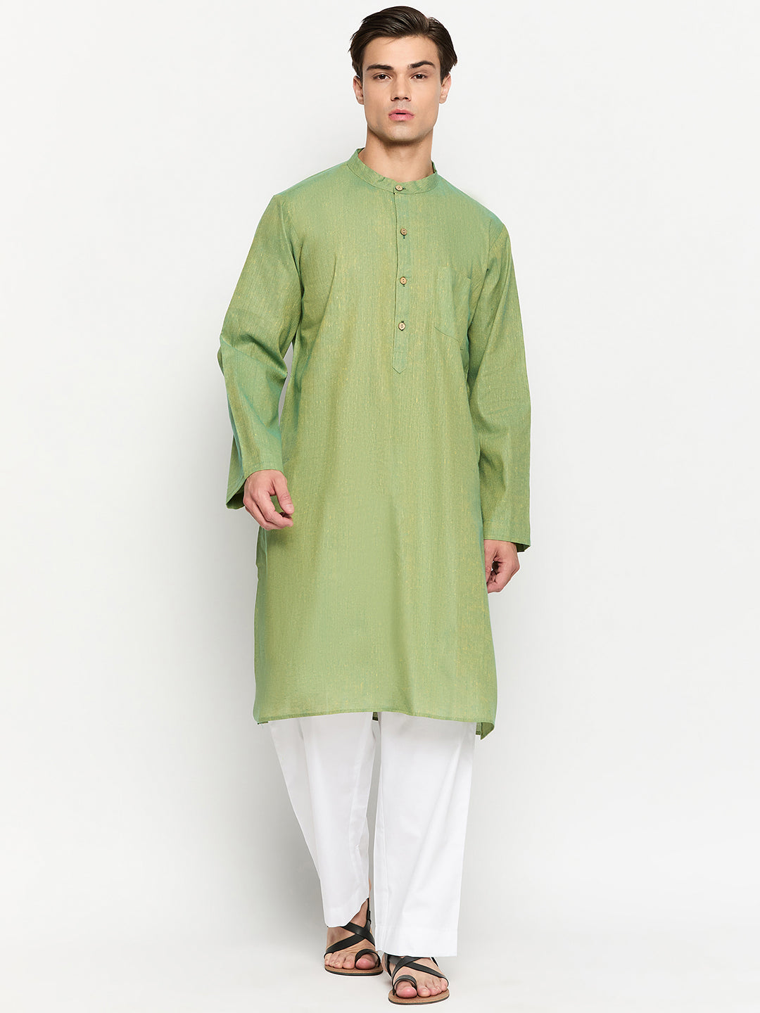 Men's Solid Green Kurta with White Pajama Set