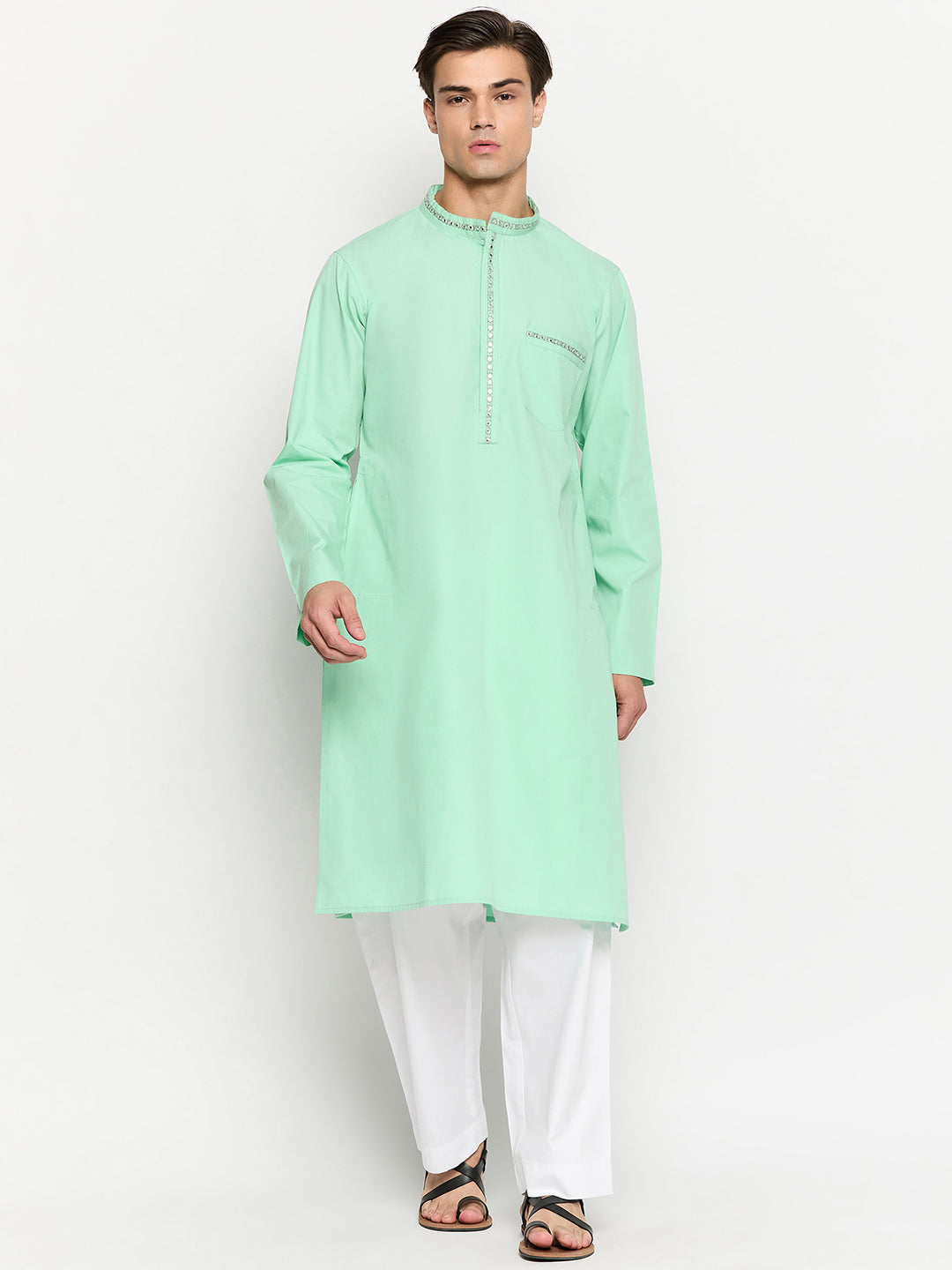 Green Solid Embroidered Kurta For Men