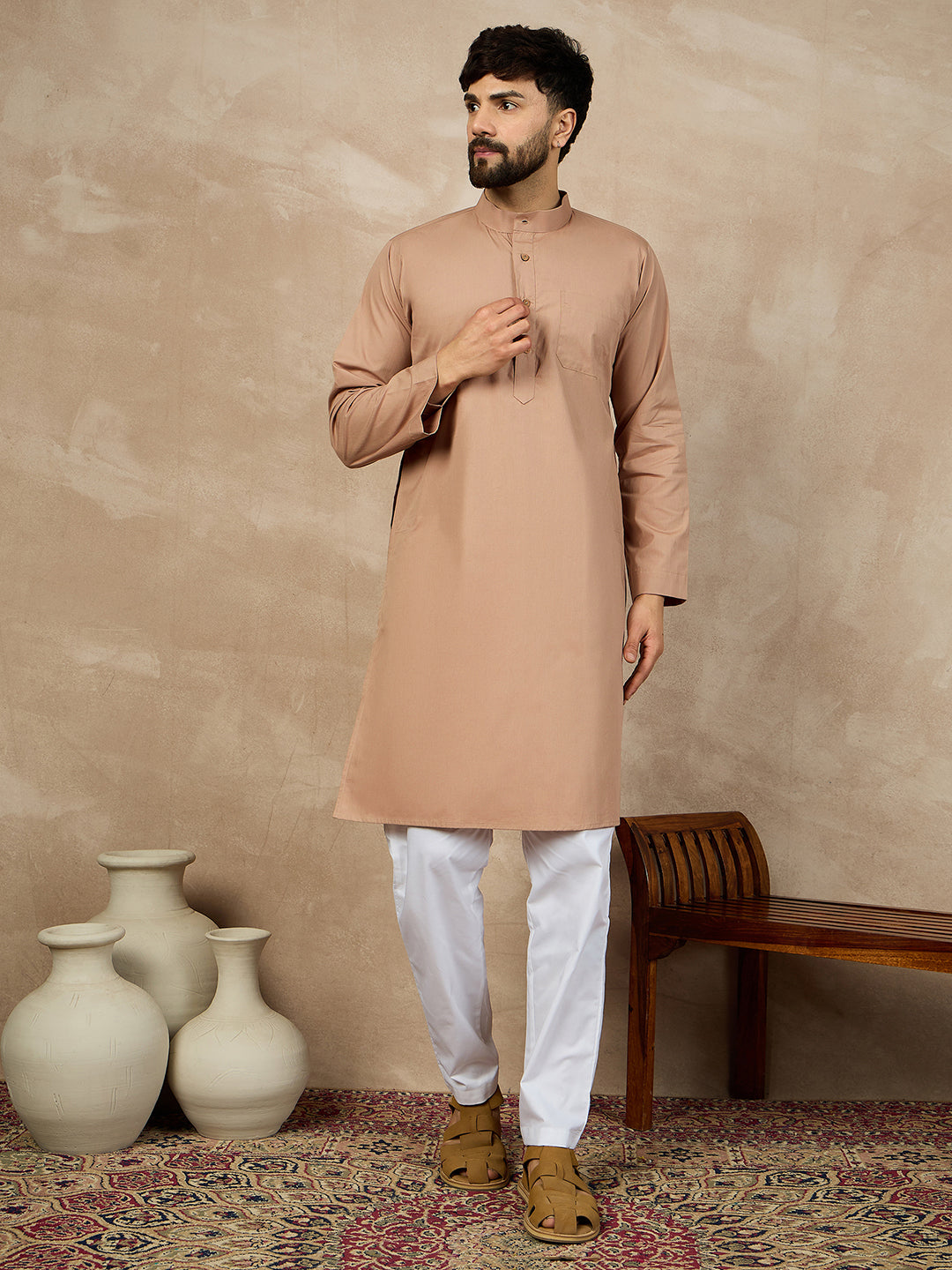 Fabsleek solid beige plain kurta for men
