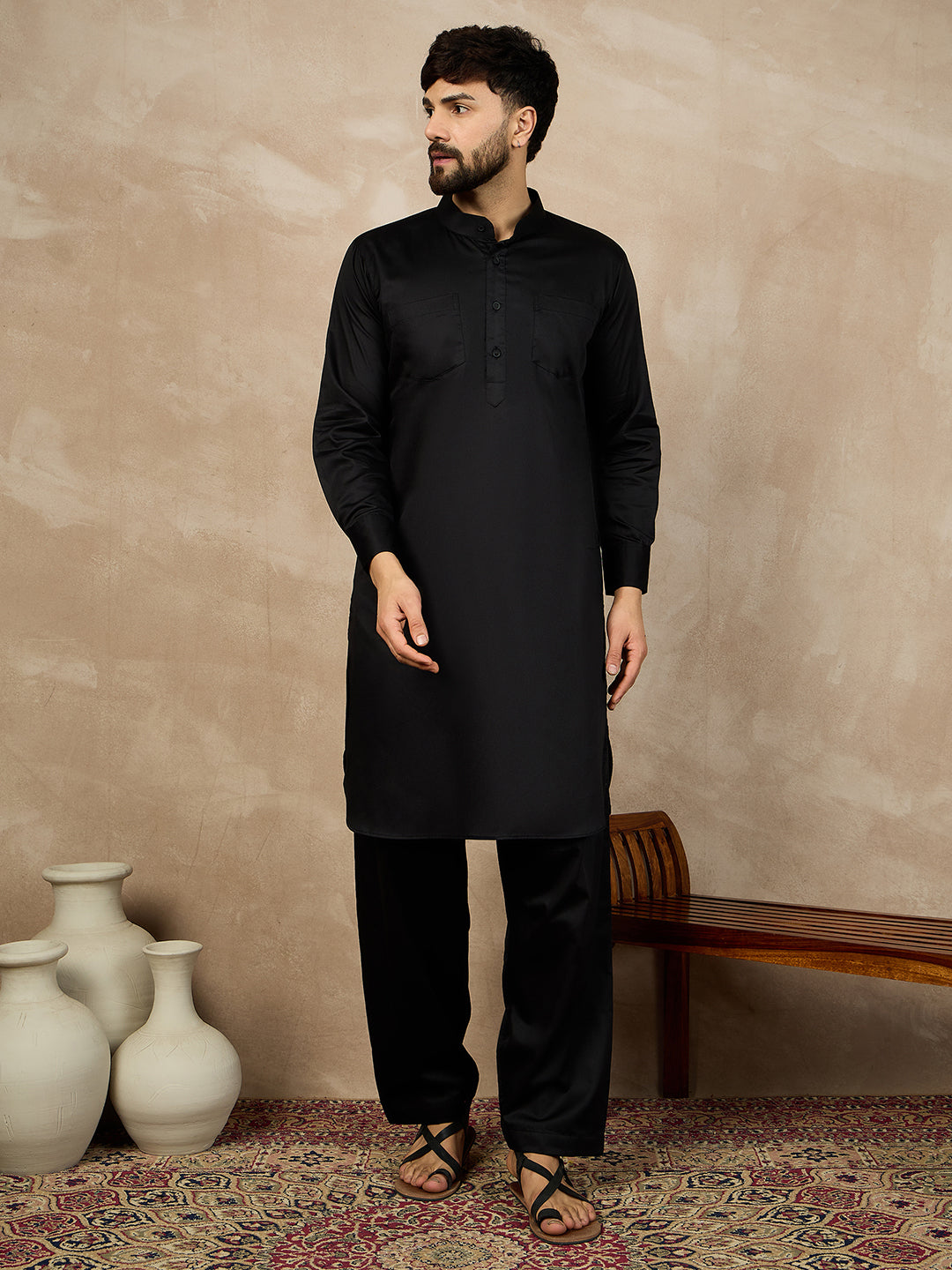 Men’s Black Solid Cotton Pathani Kurta Pajama Set