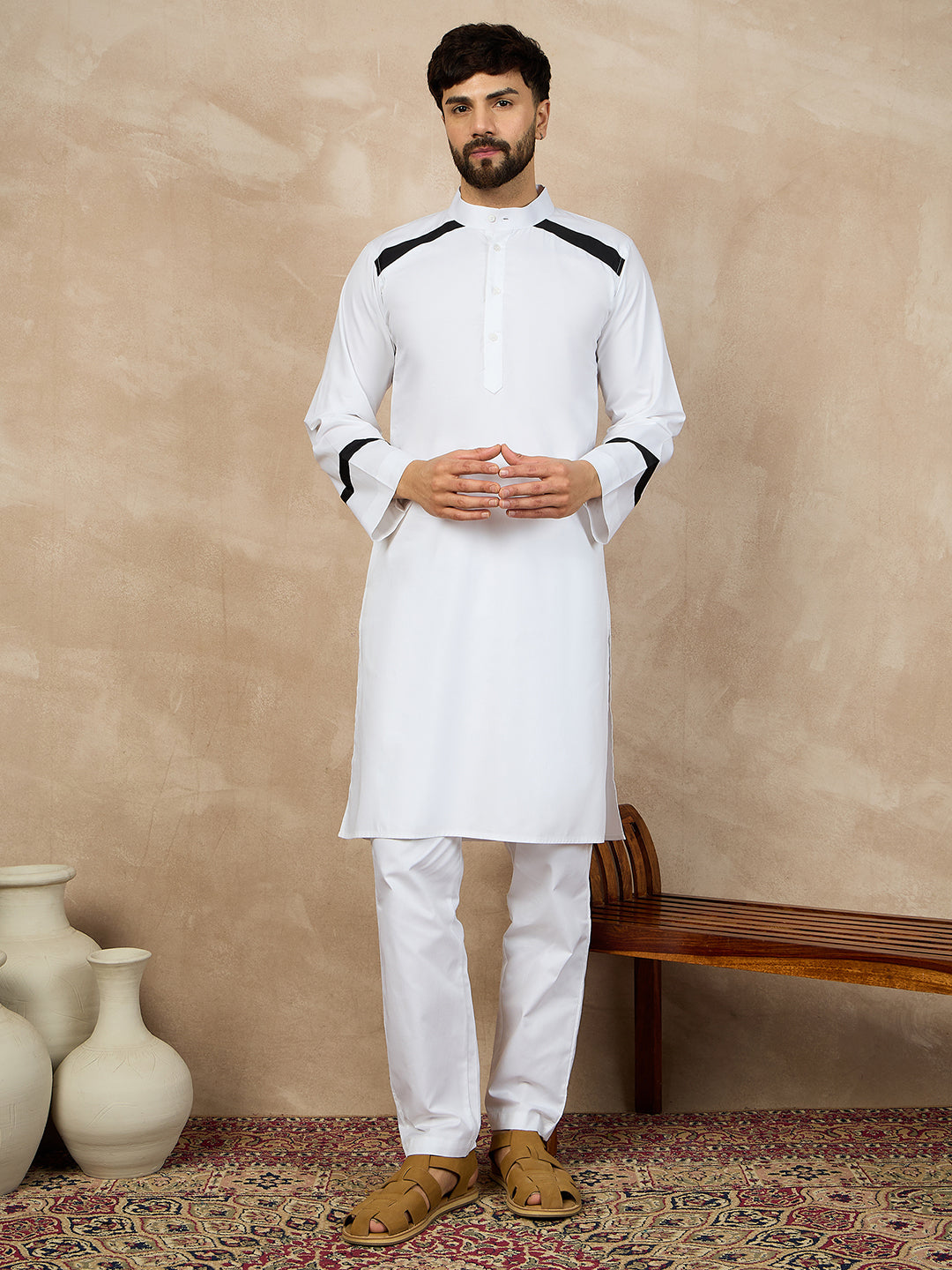 White Cotton Kurta Pajama Set For Men