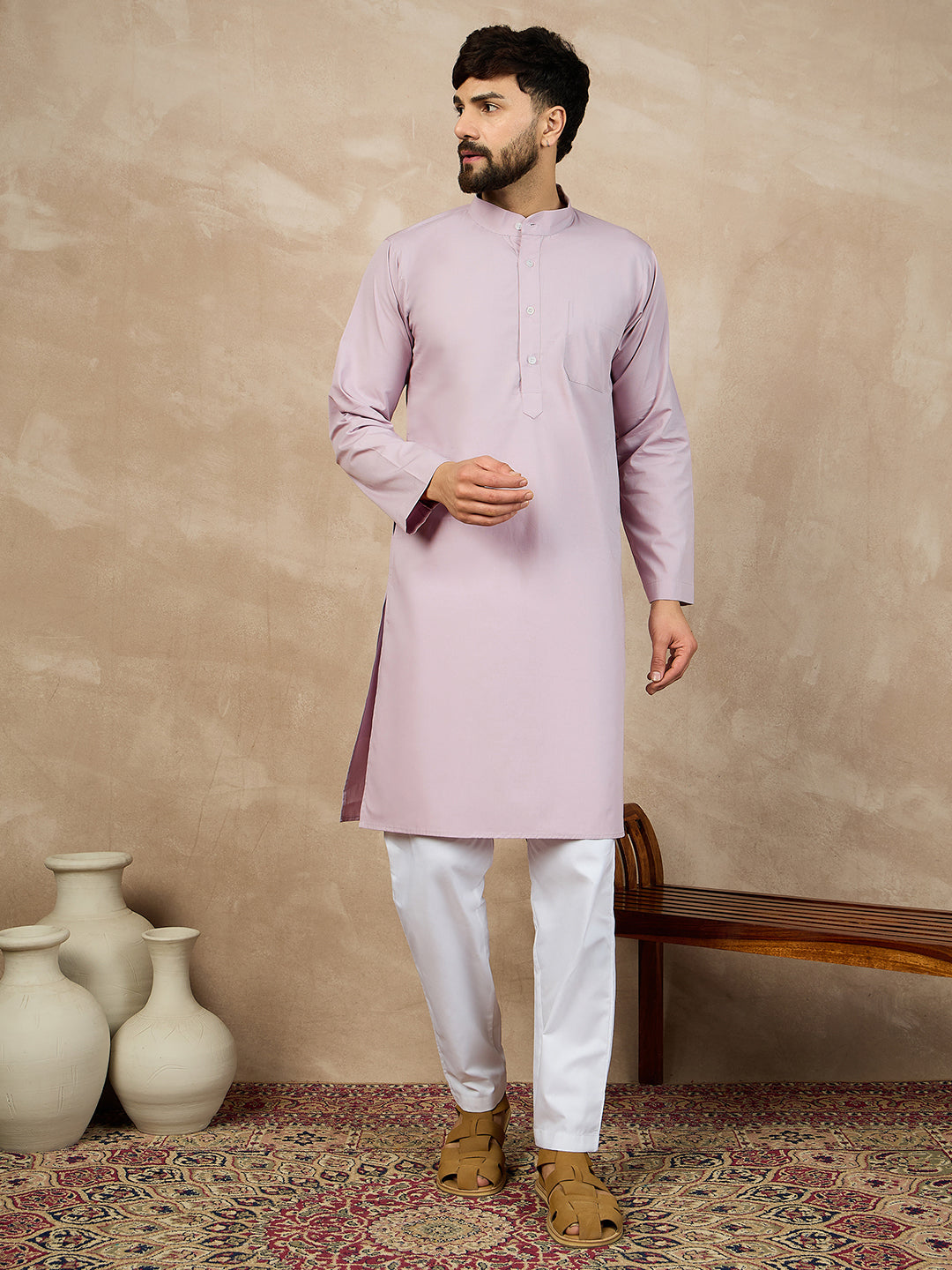 Fabsleek solid lavender plain kurta for men