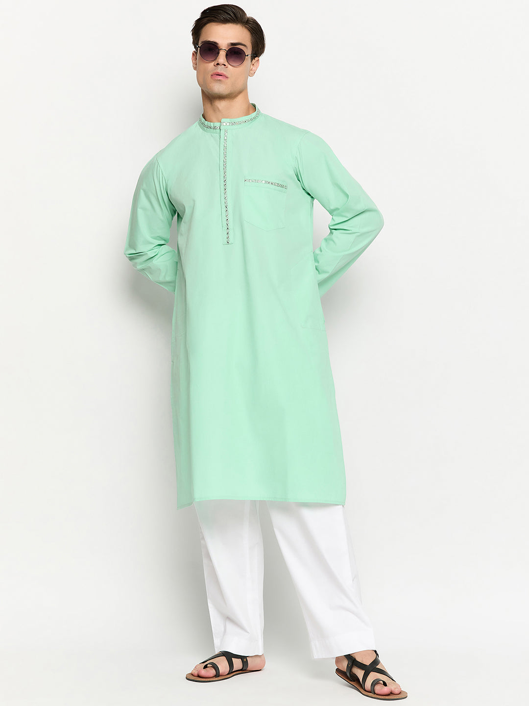 Embroidered Green Kurta with White Pajama for Men