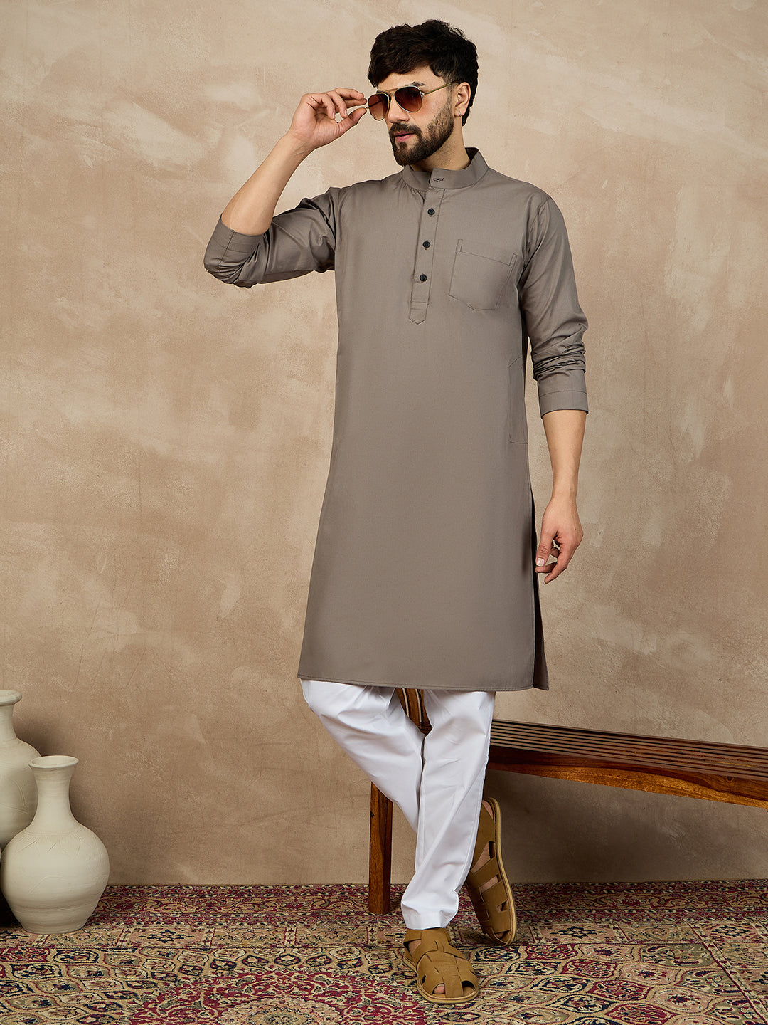 Fabsleek solid grey plain kurta for men