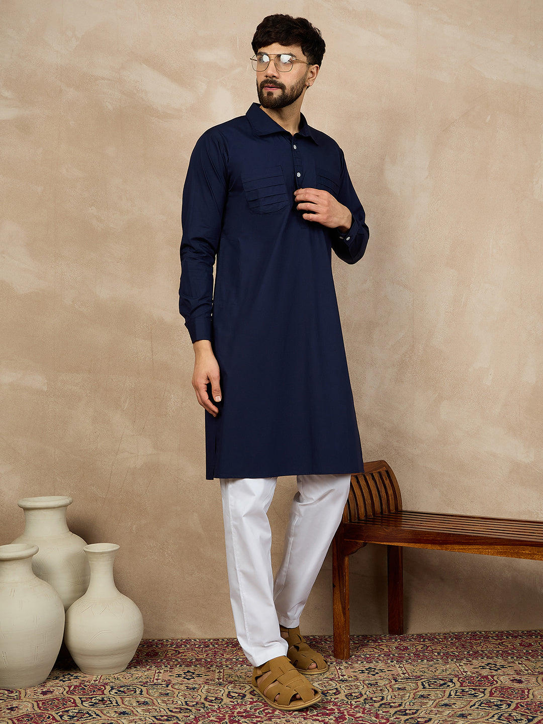 Blue Cotton Kurta with White Pajama for Men