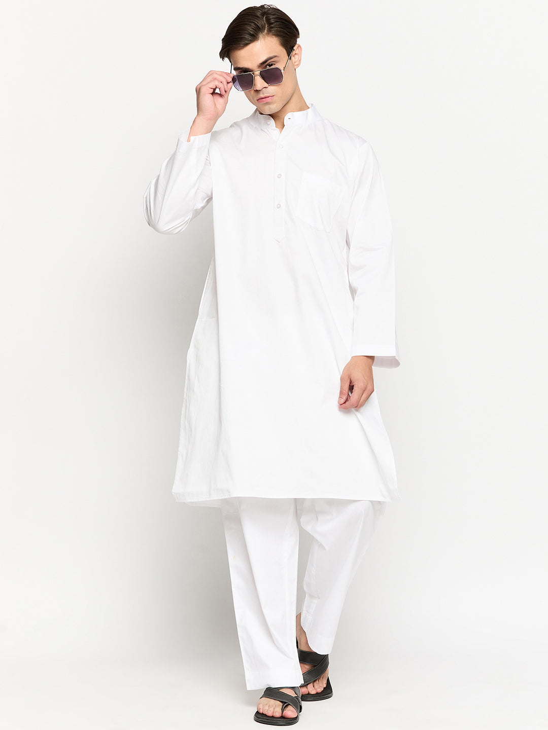 White Men's Kurta with Mandarin Collar