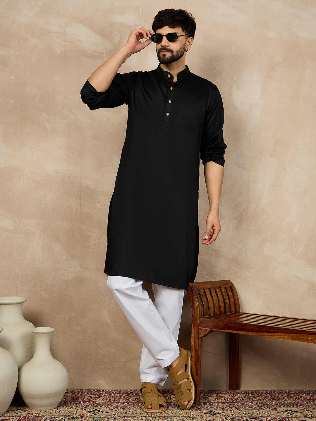 Black Kurta and White Pajama Set for Men