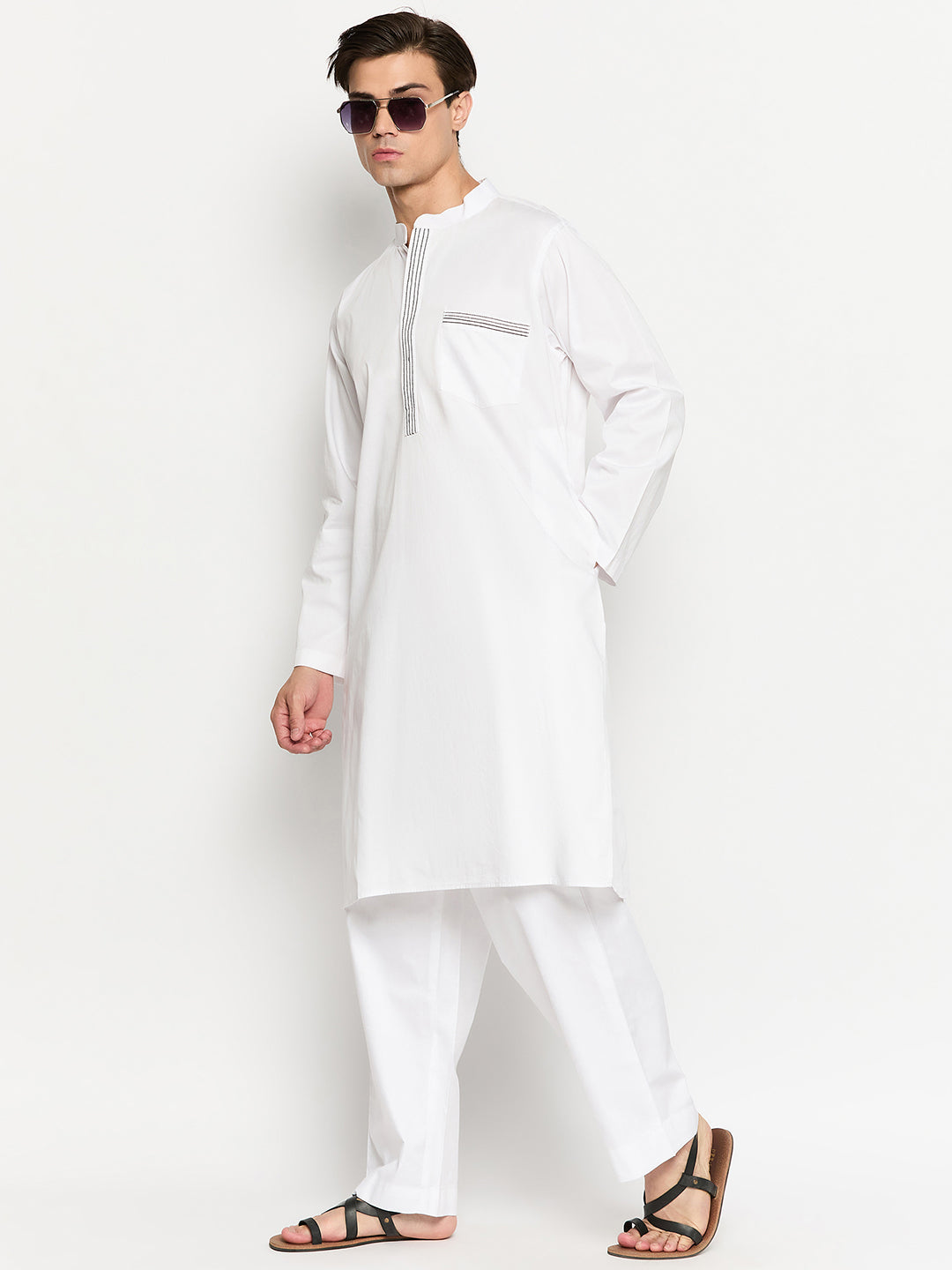 Men's Cotton White Solid Kurta Pajama Set