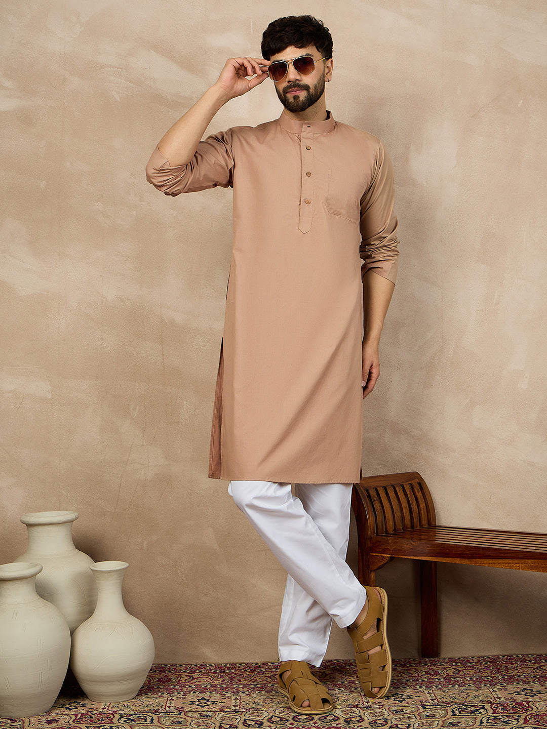 Fabsleek solid beige plain kurta for men