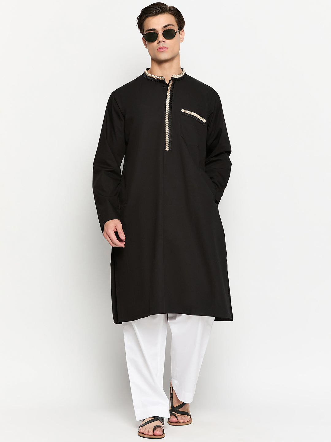 Black Embroidered Kurta with White Pajama for Men