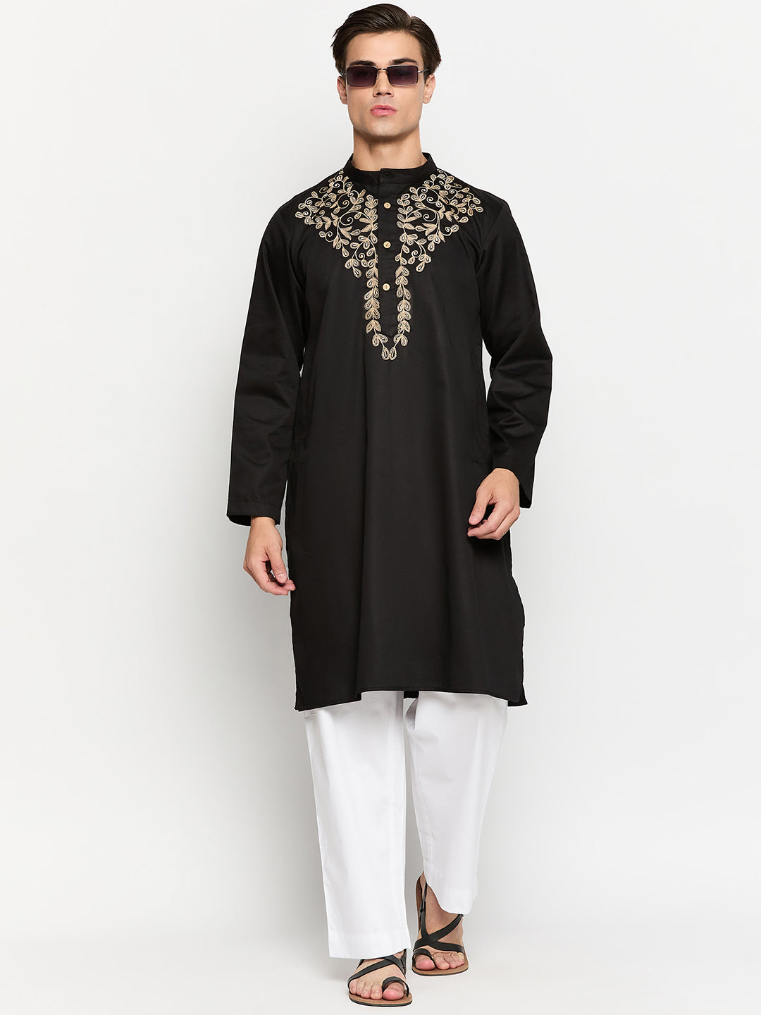 Black Embroidery Detailing Kurta For Men