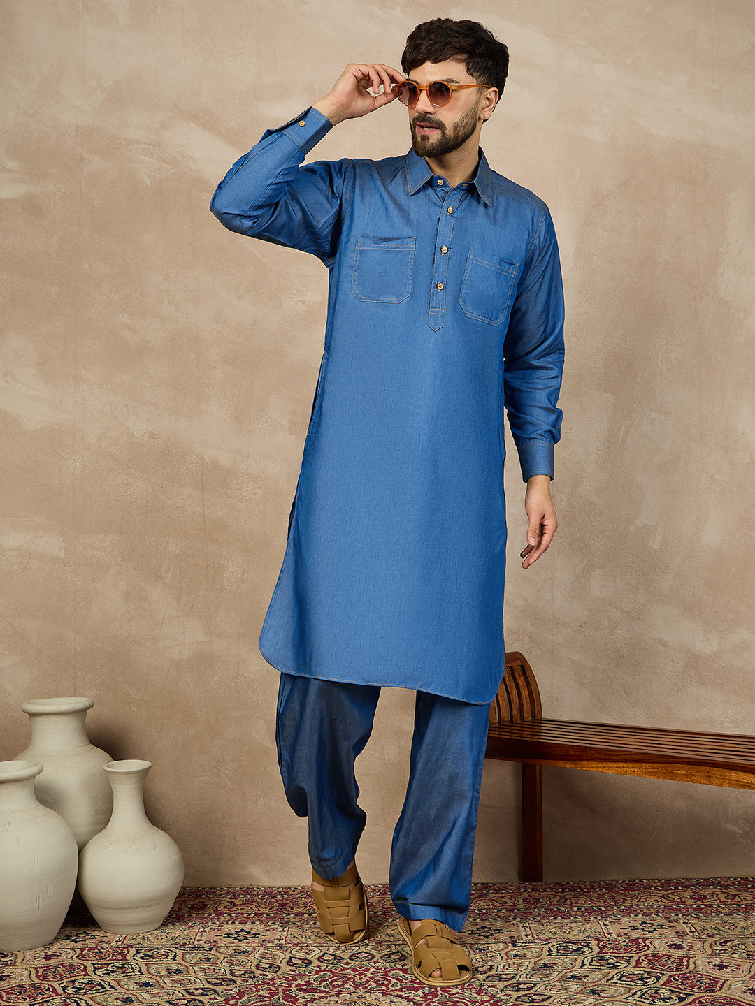 Men’s Blue Solid Denim Pathani Kurta Pajama Set