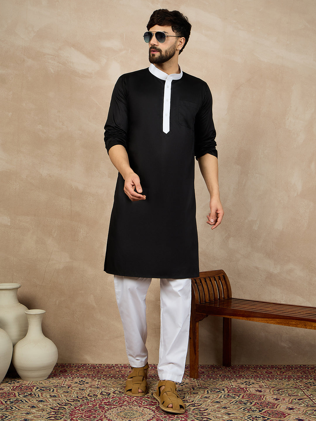 Fabsleek black plain kurta for men
