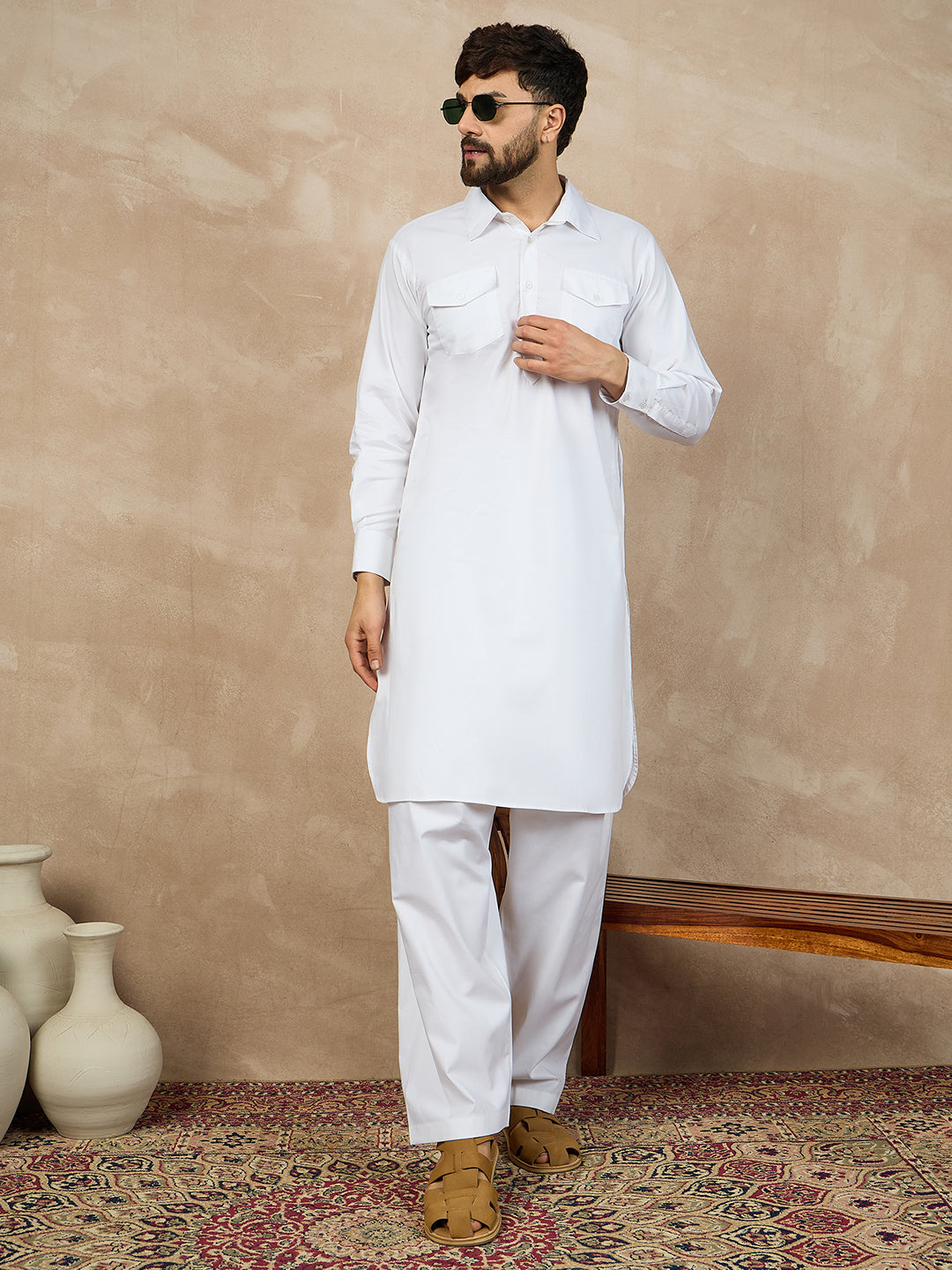 Premium White Cotton Pathani Kurta Pajama Set for Men