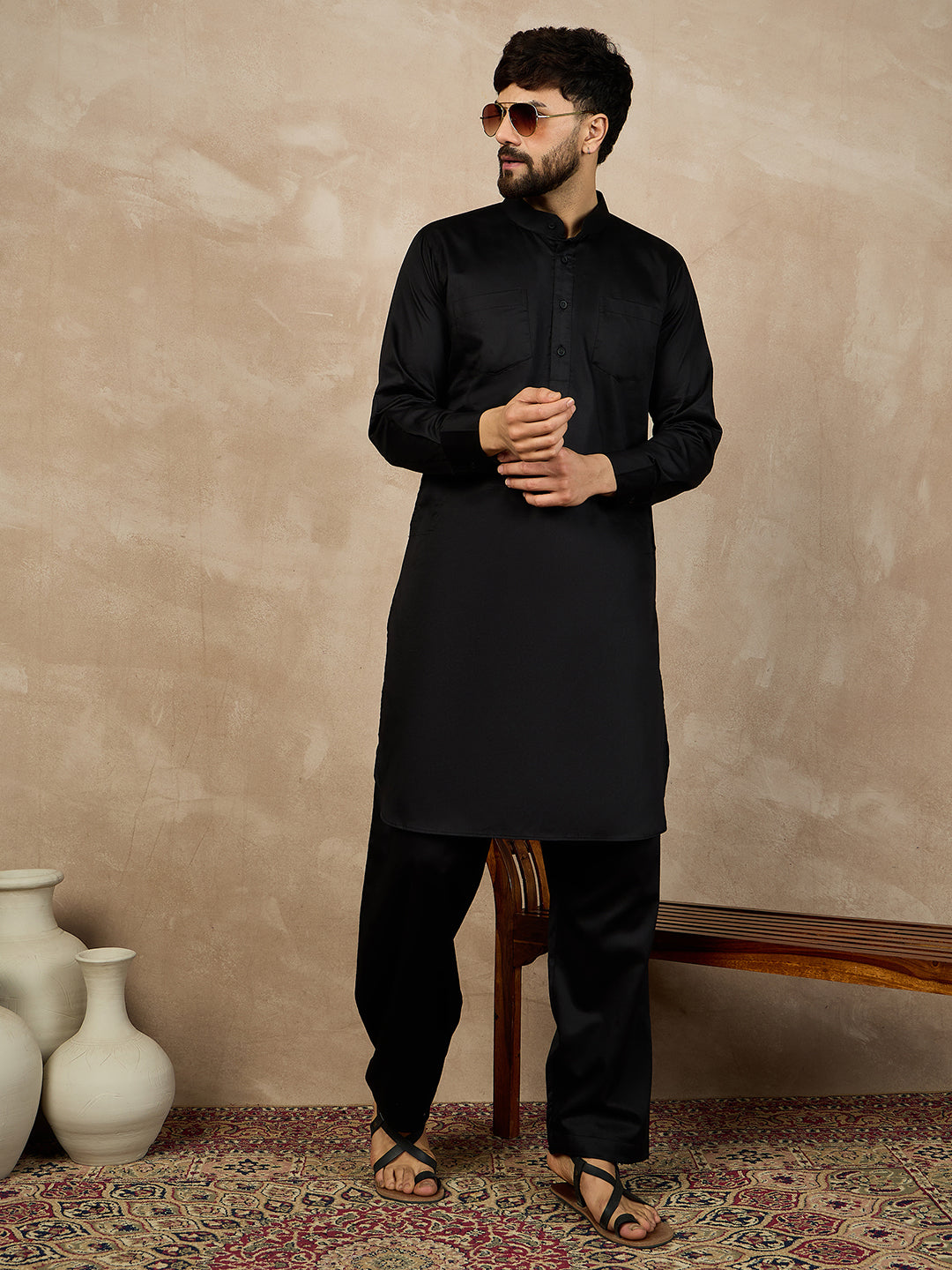 Men’s Black Solid Cotton Pathani Kurta Pajama Set