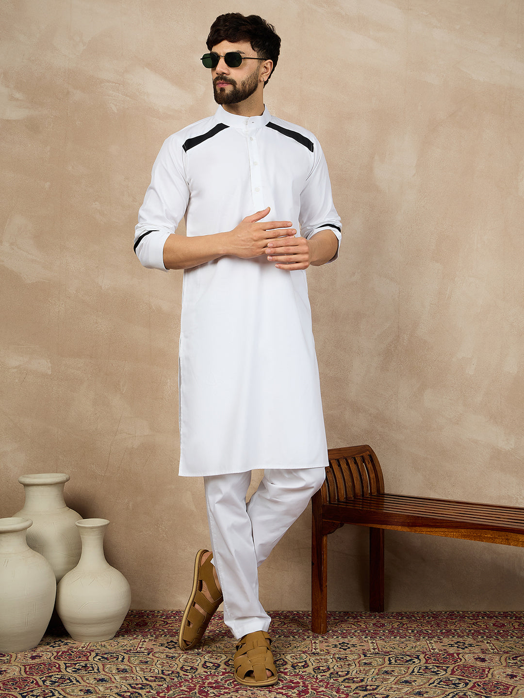 Fabsleek solid white plain kurta for men