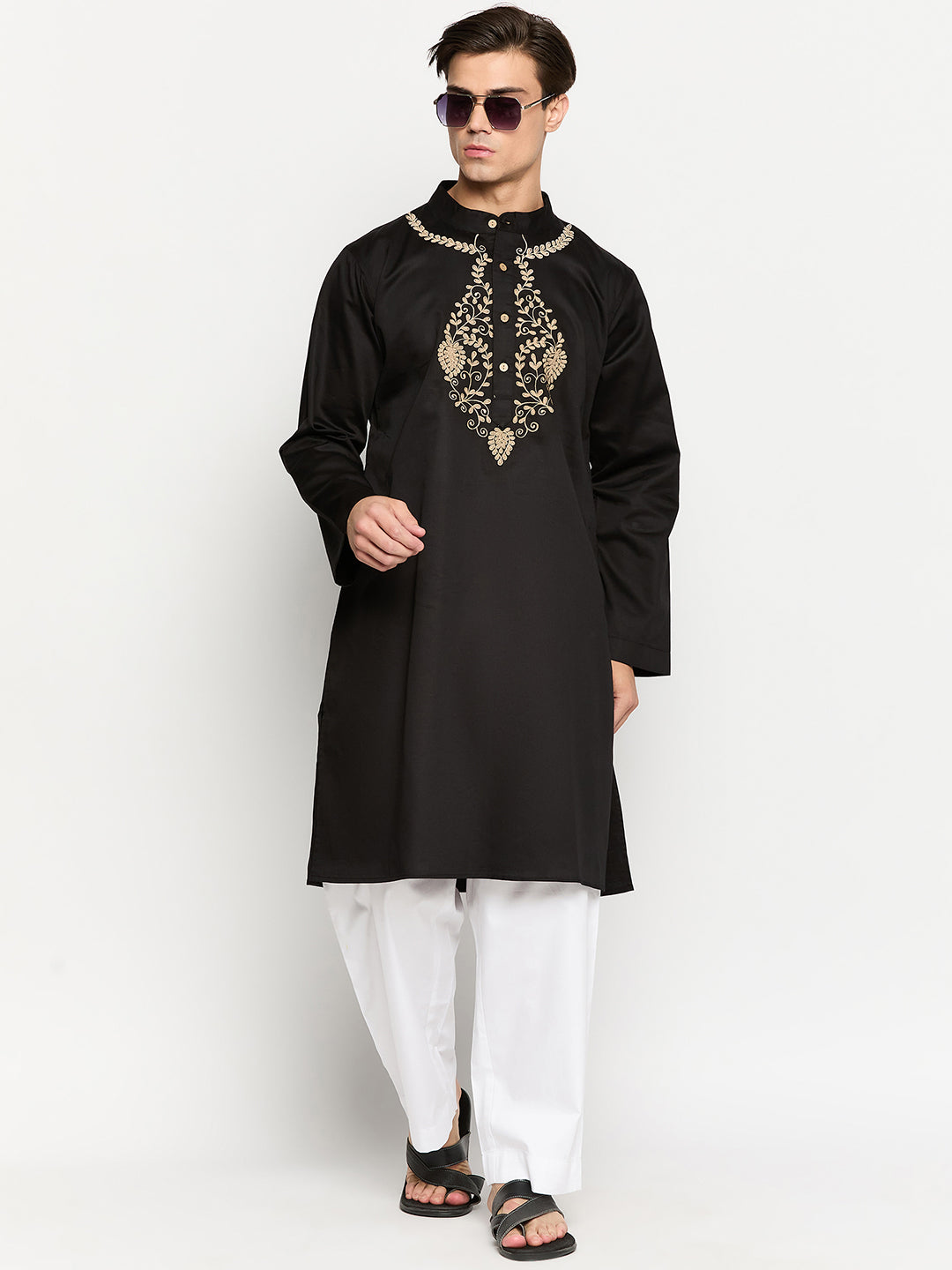 Embroidered Black Kurta with White Pajama