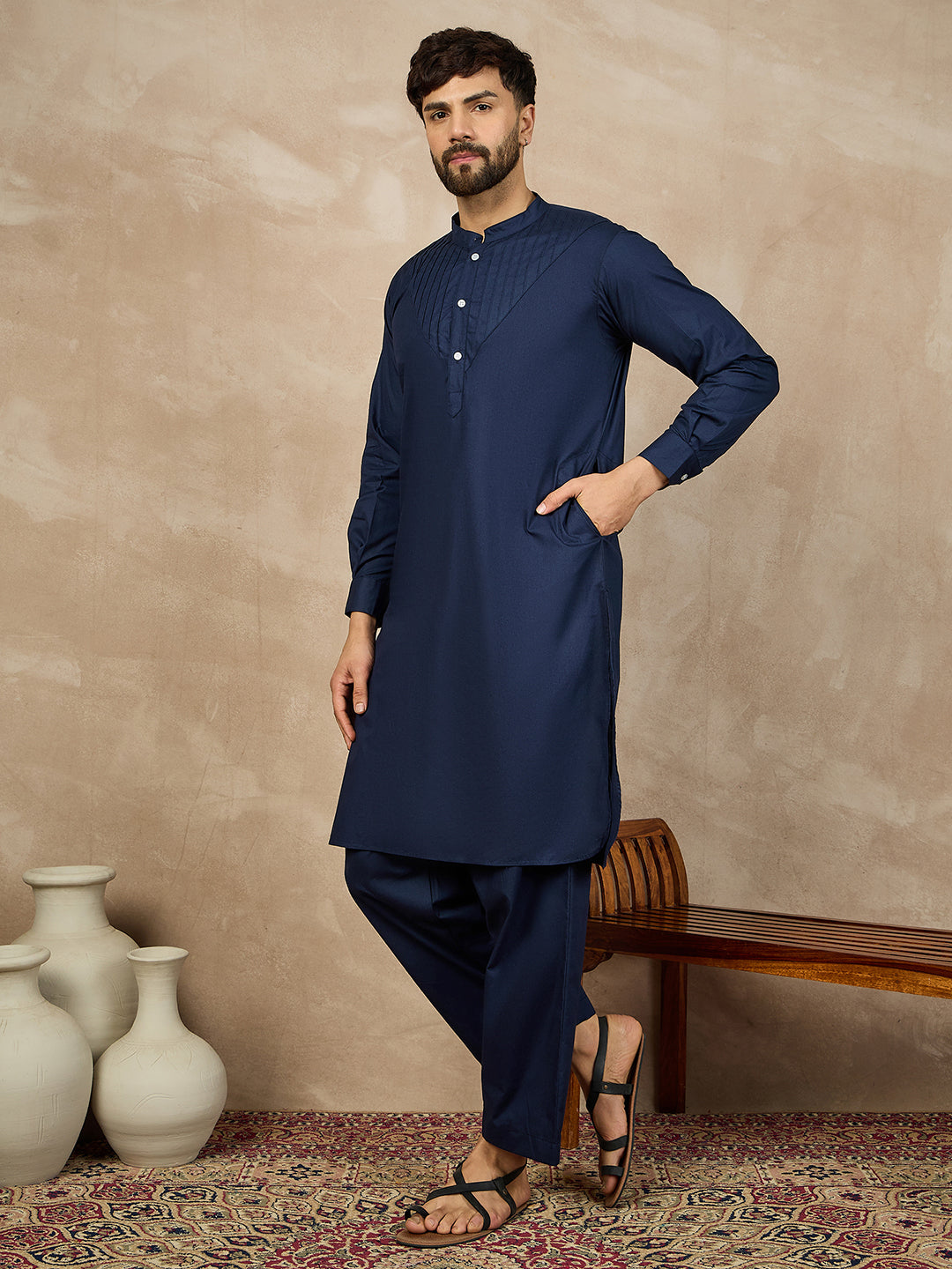Men’s Blue Solid Cotton Pathani Kurta Pajama Set
