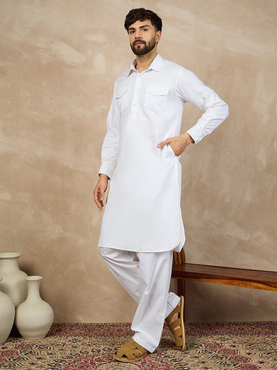 Premium White Cotton Pathani Kurta Pajama Set for Men