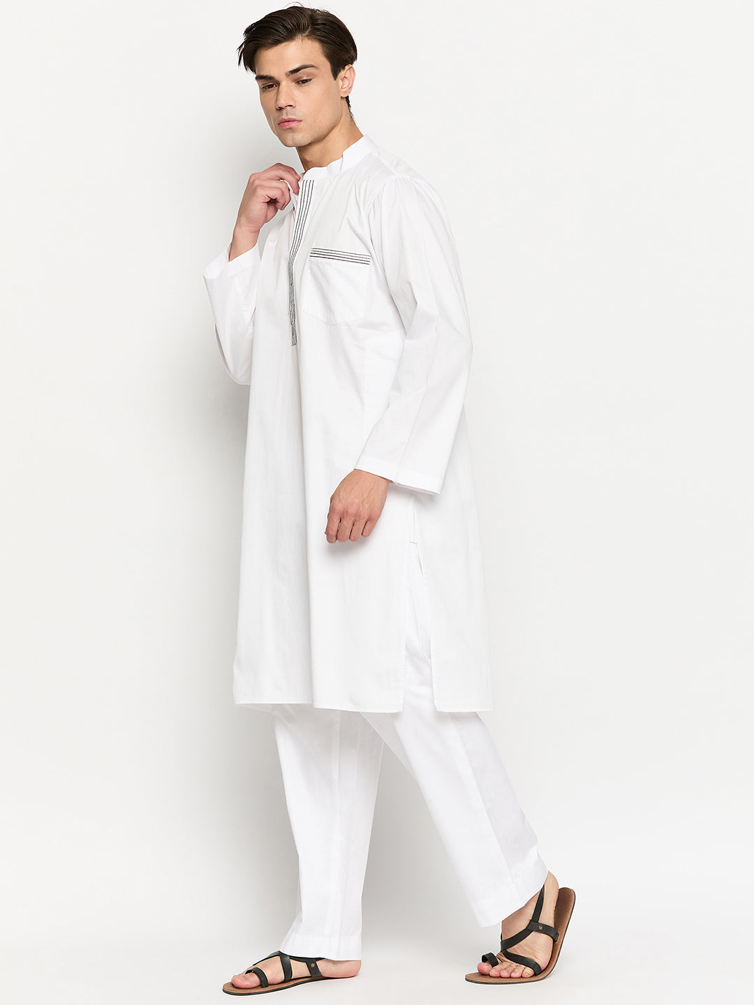 Fabsleek solid white thread design kurta for men