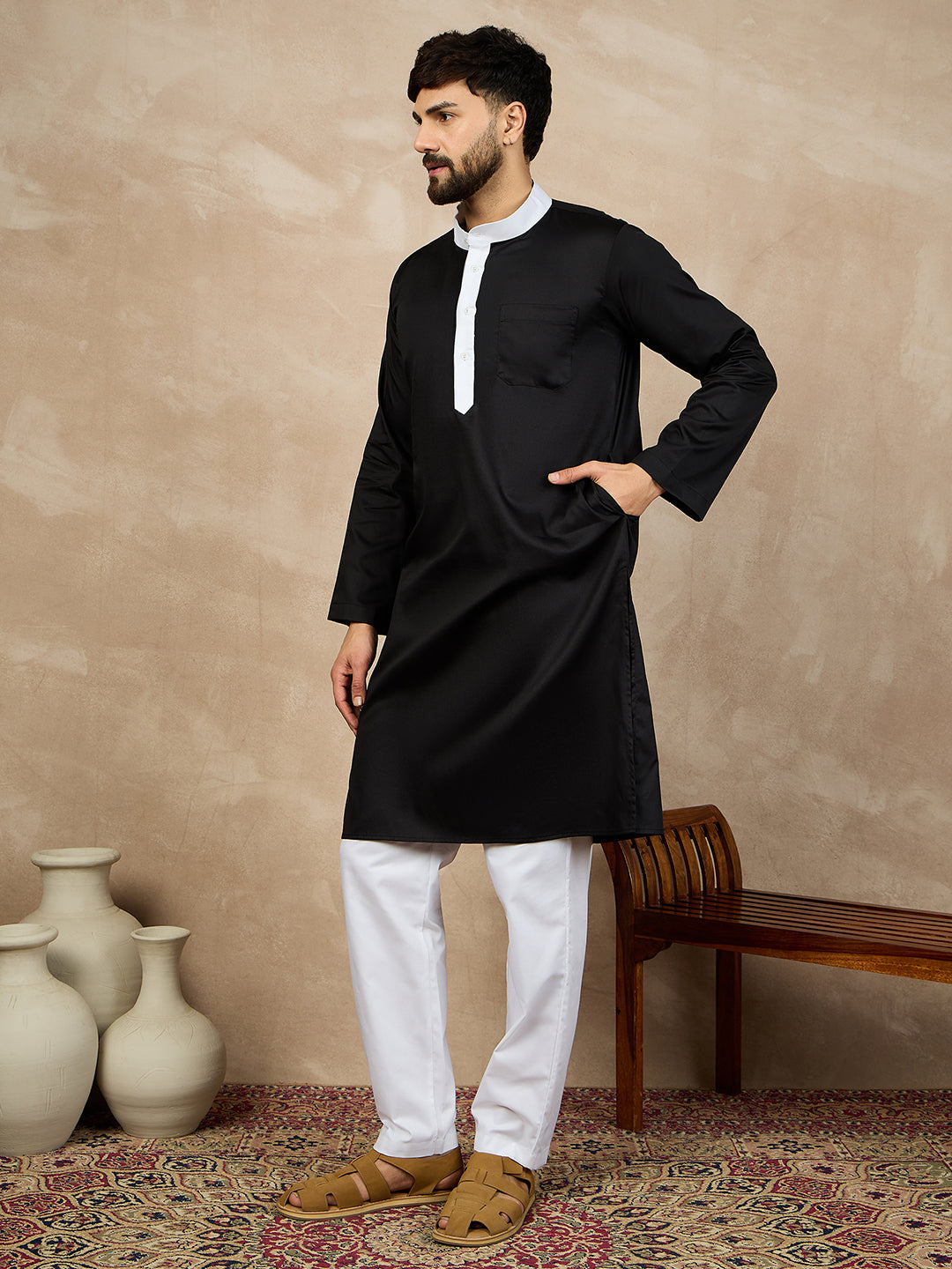 Fabsleek black plain kurta for men