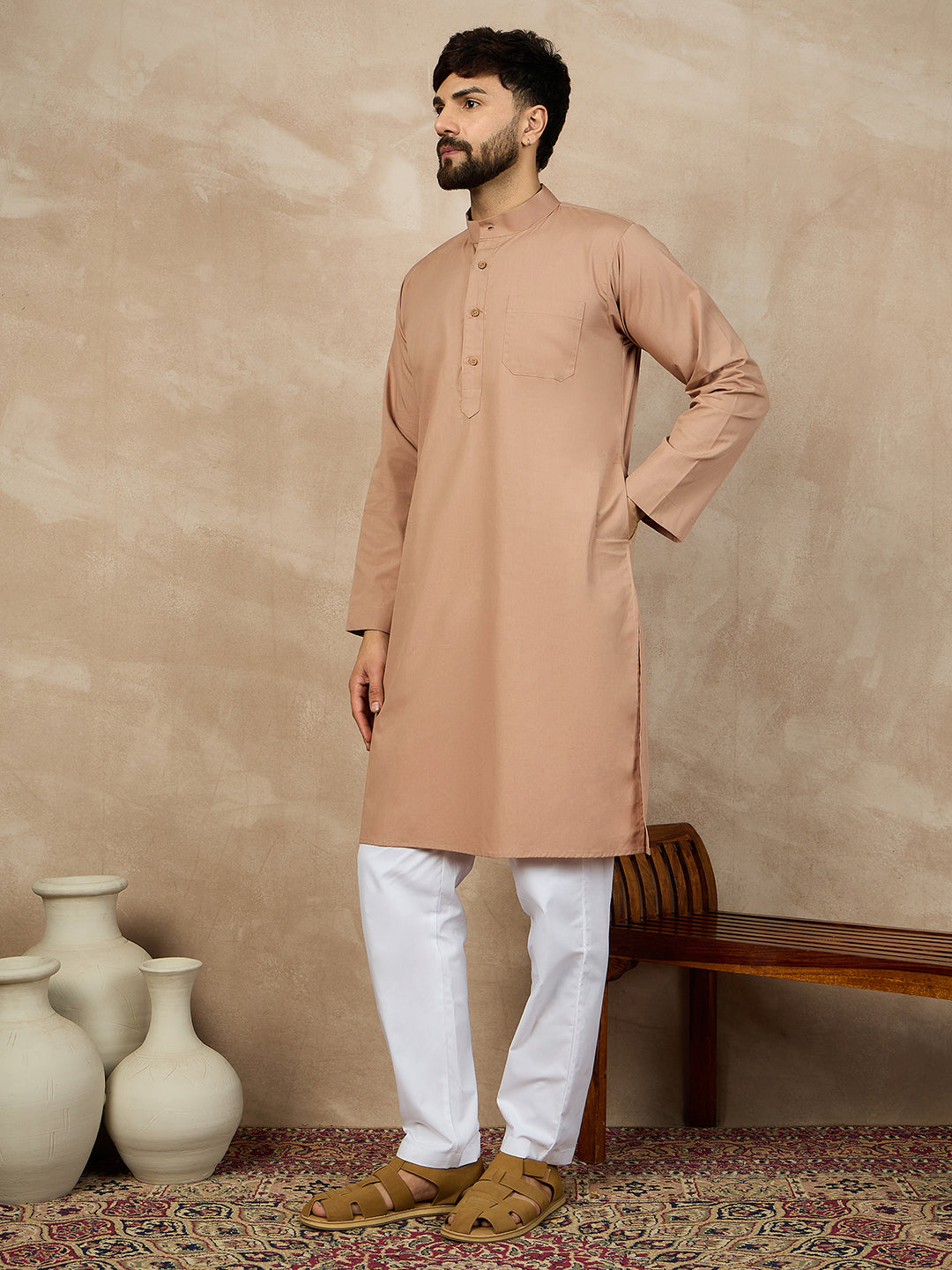 Fabsleek solid beige plain kurta for men