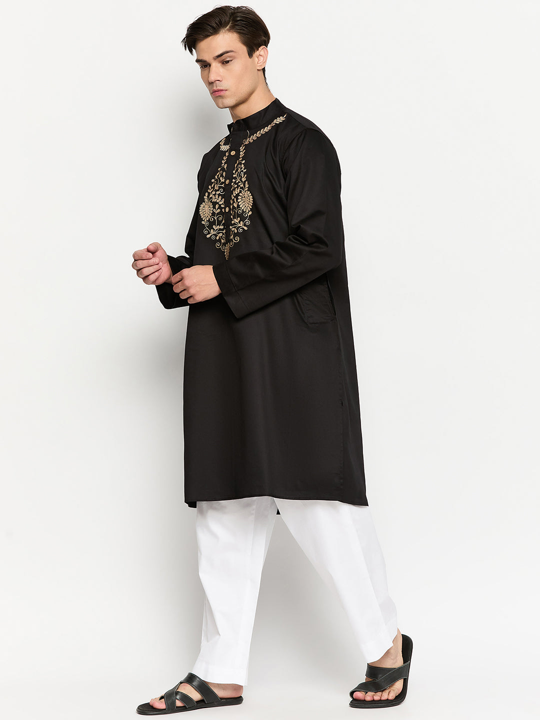 Embroidered Black Kurta with White Pajama
