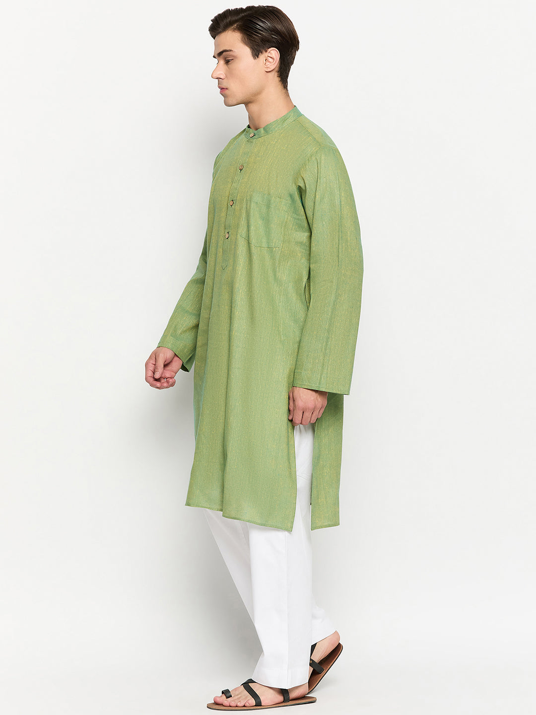 Men's Solid Green Kurta with White Pajama Set