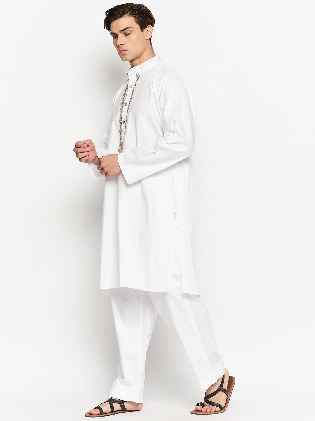 White Solid Embroidered Men's Kurta