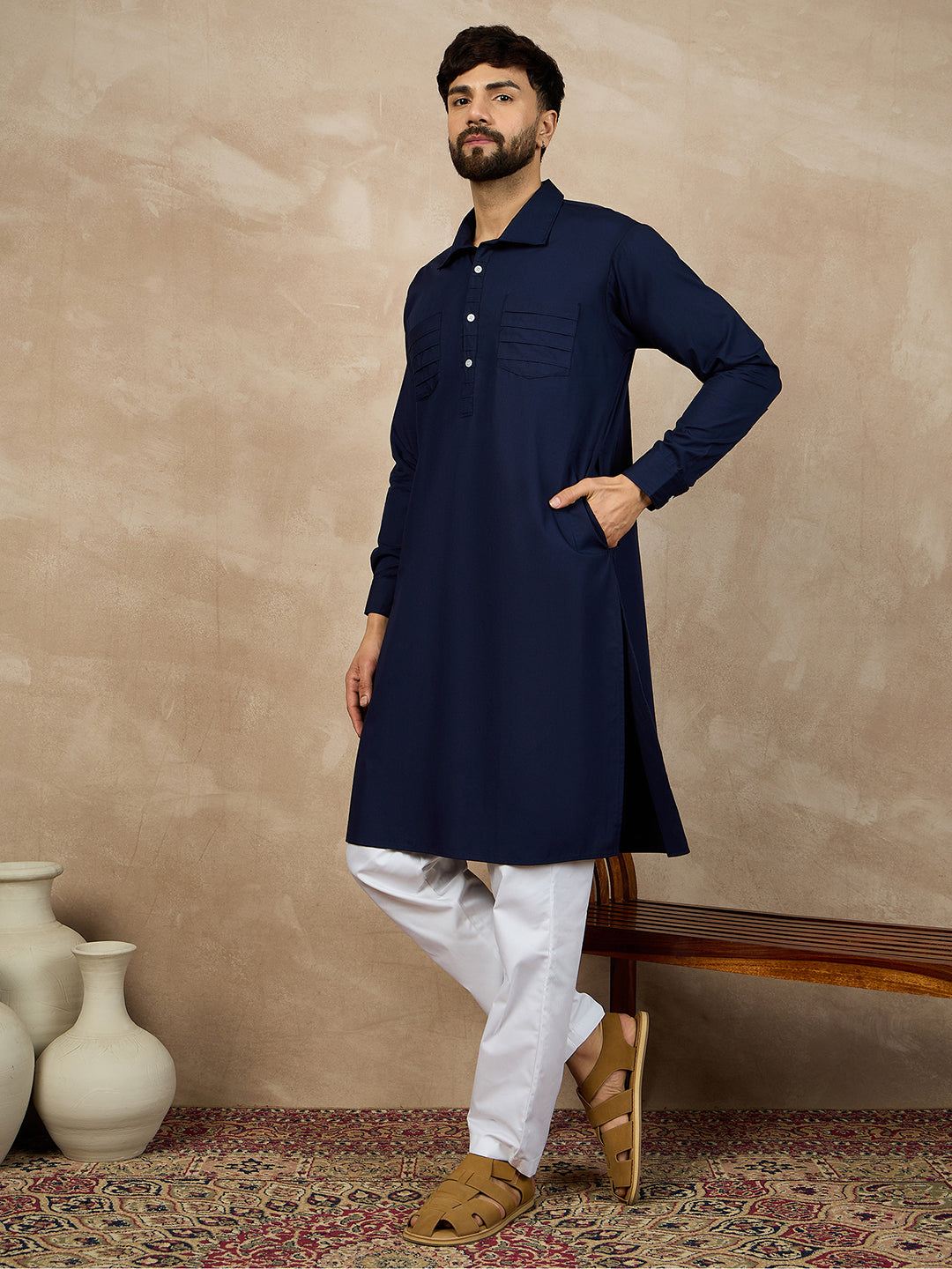 Fabsleek solid blue kurta for men