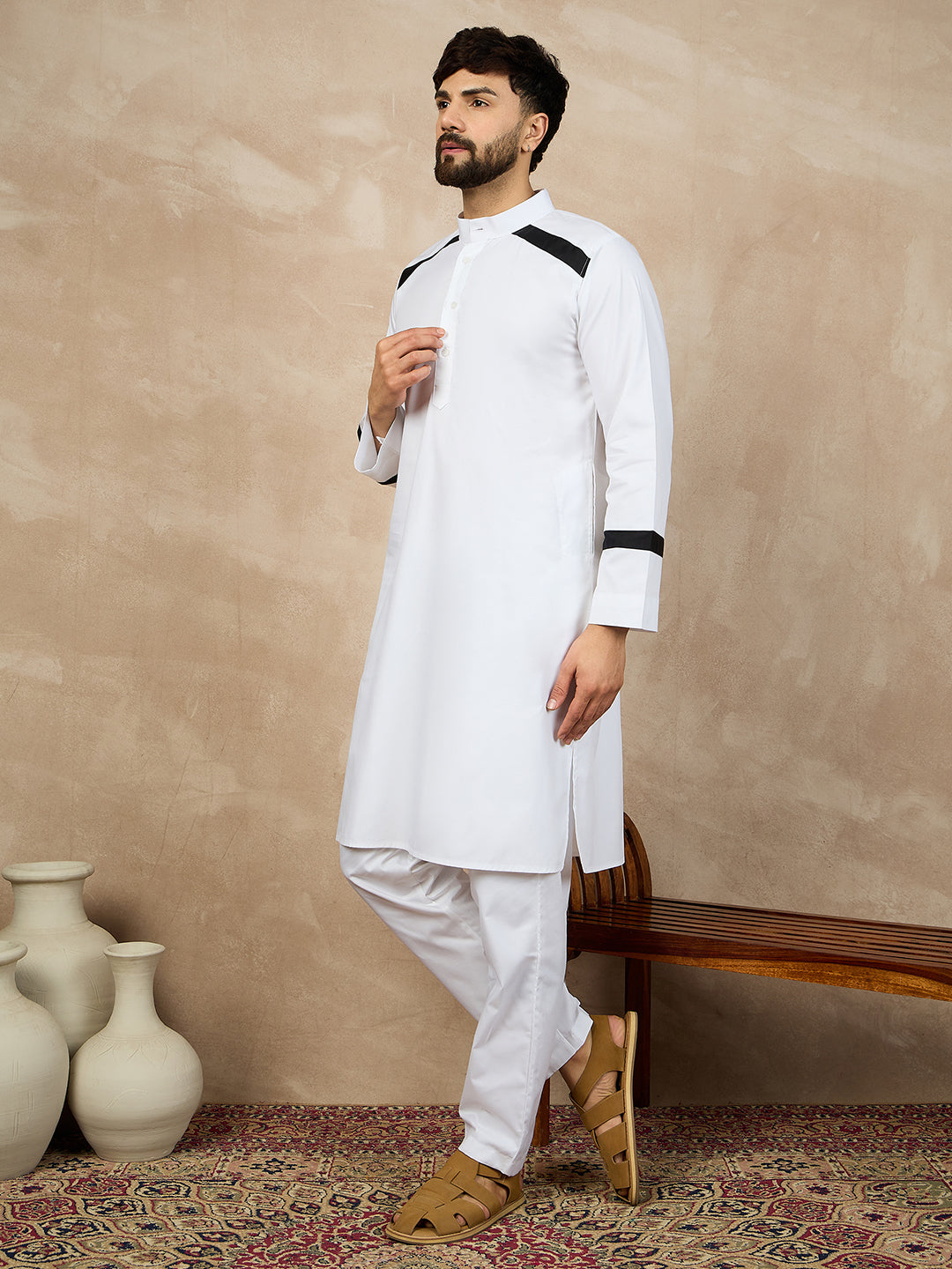Fabsleek solid white plain kurta for men