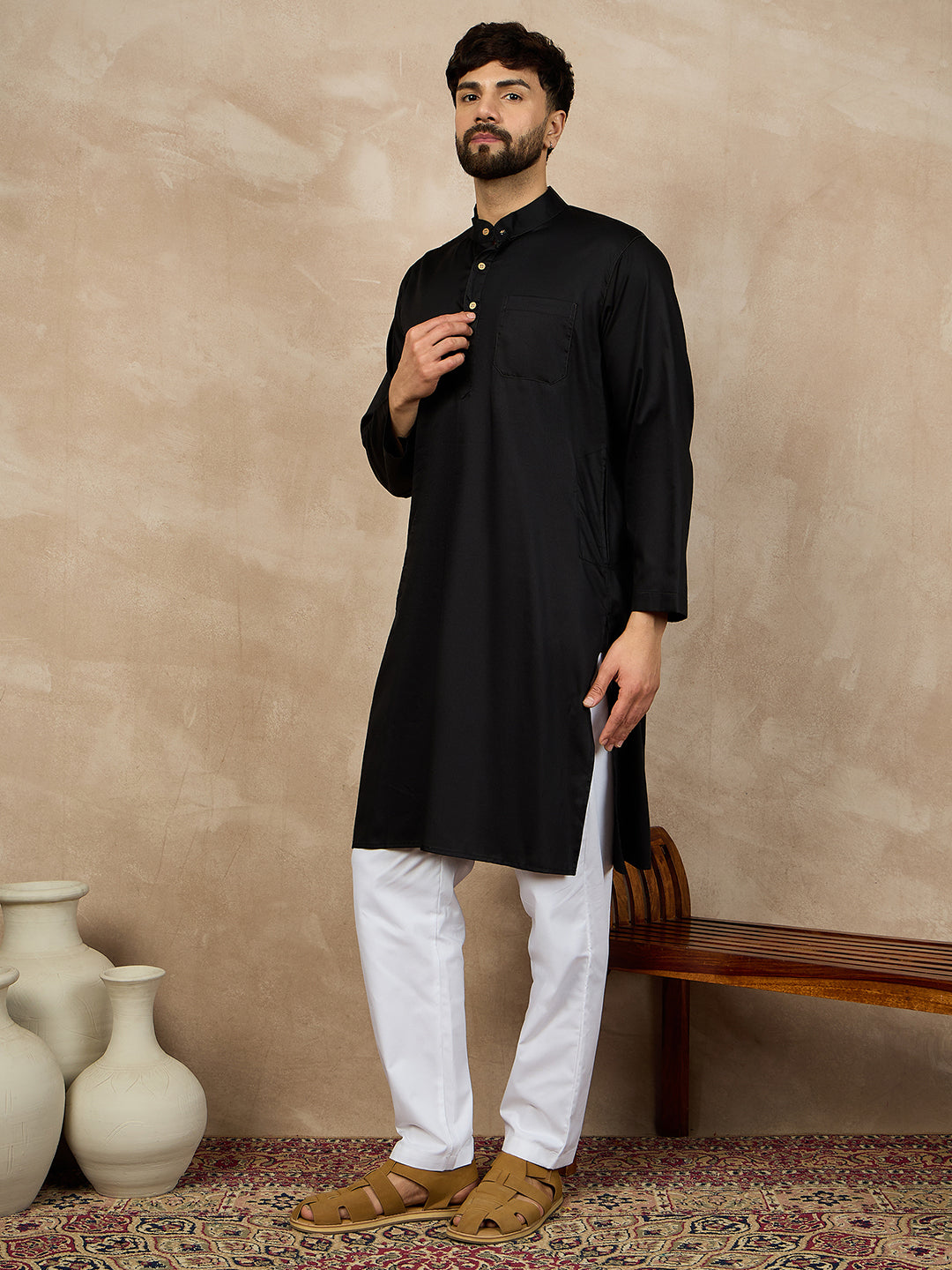 Black Kurta and White Pajama Set for Men