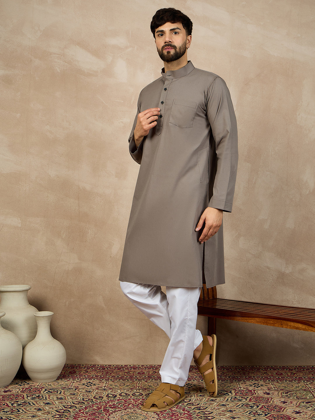 Grey Solid Kurta and White Pajama For Men