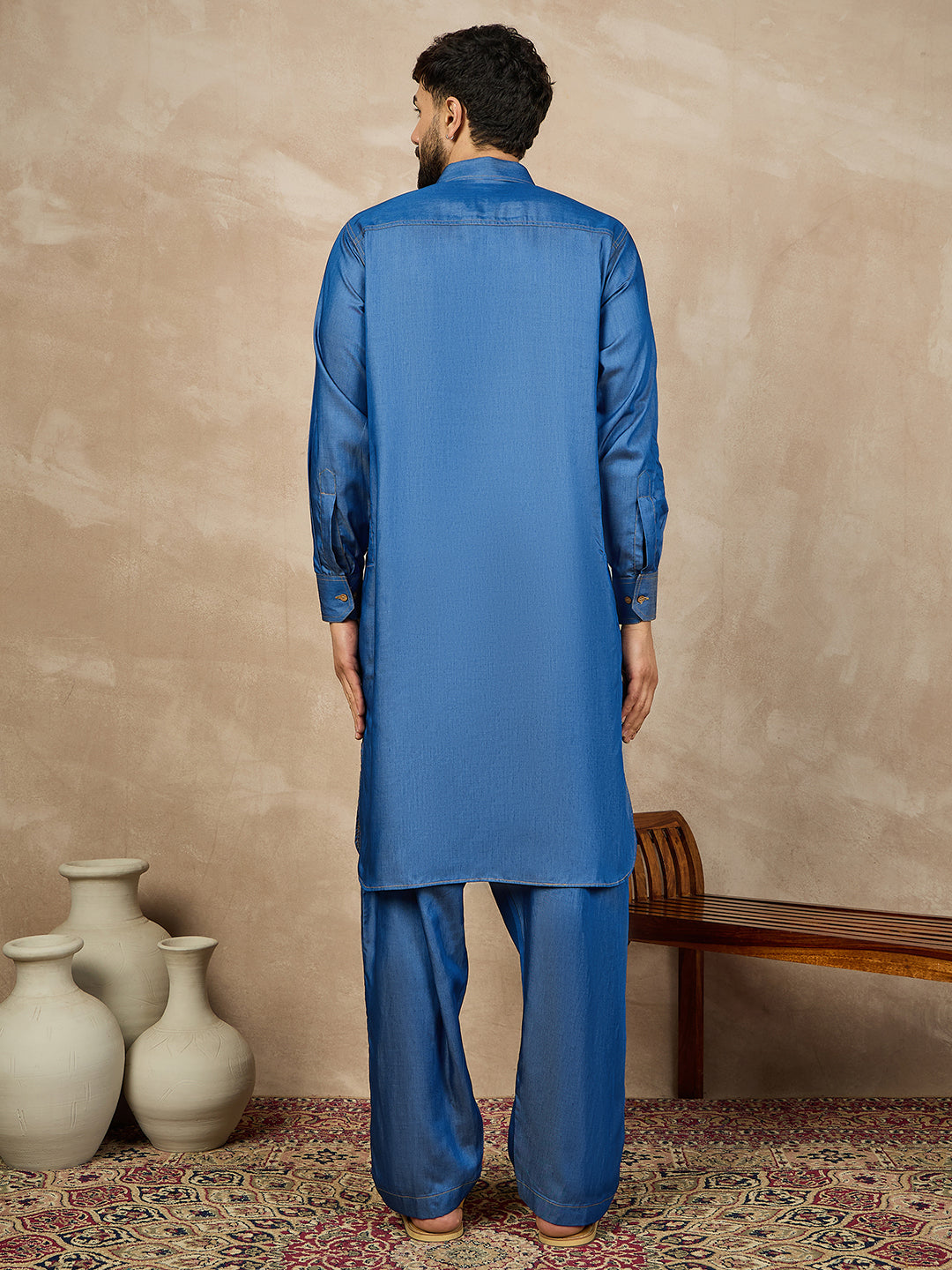 Men’s Blue Solid Denim Pathani Kurta Pajama Set