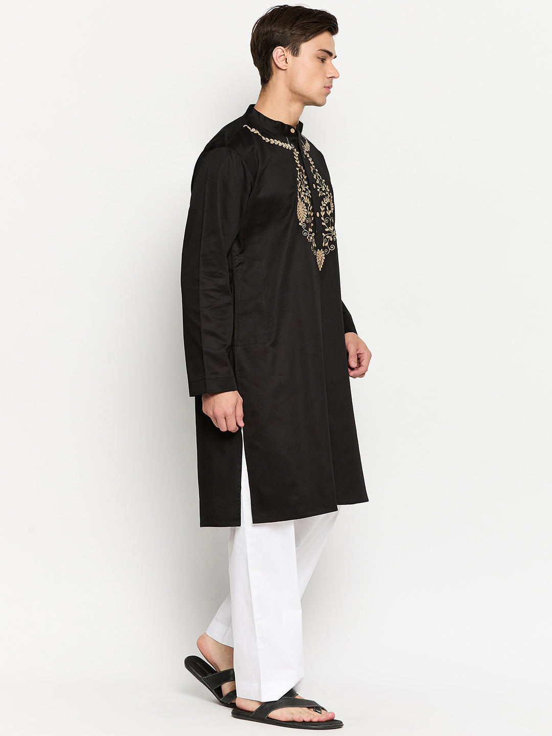 Embroidered Black Kurta with White Pajama