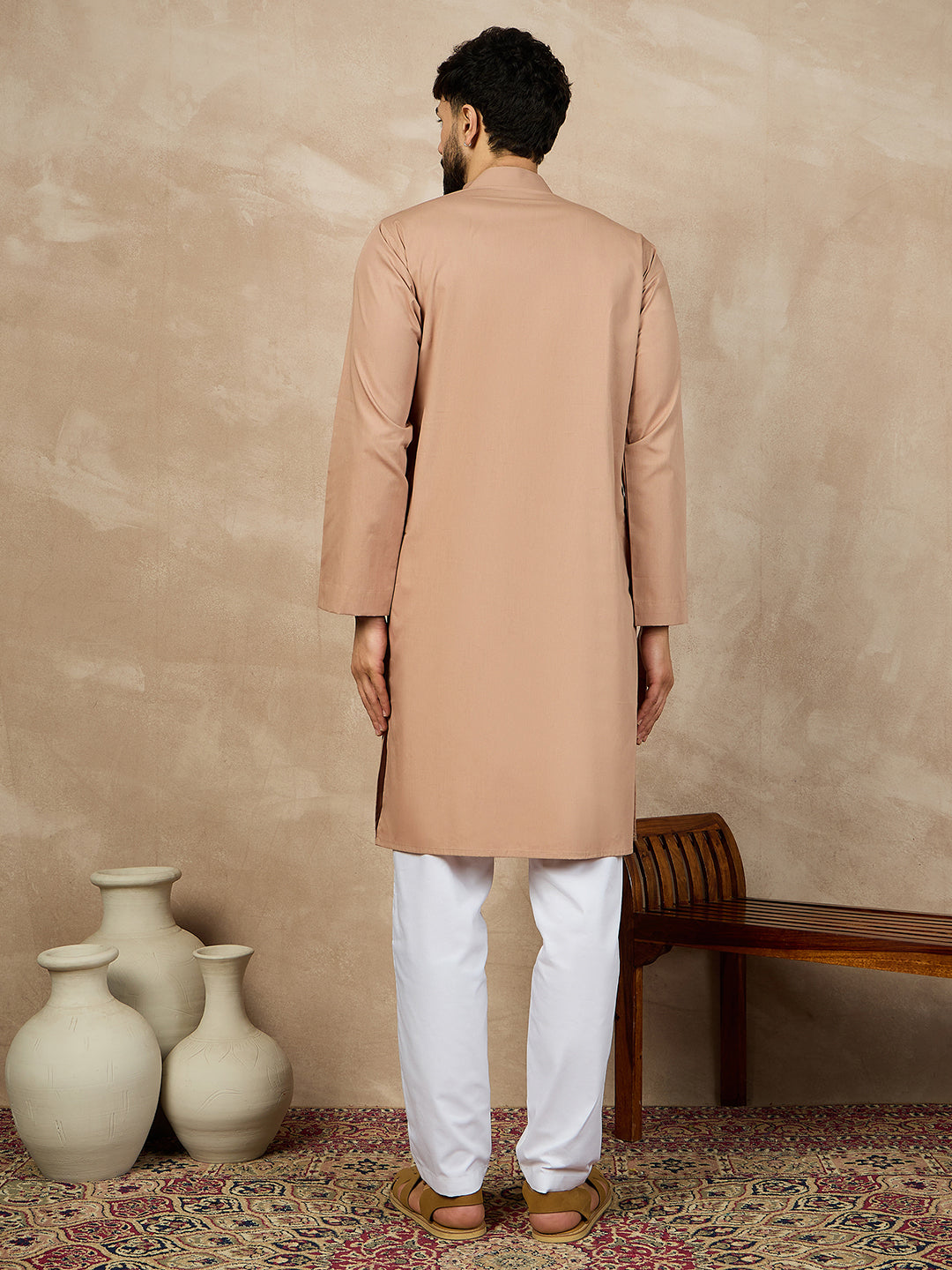 Beige Cotton Kurta and White Pajama Set for Men