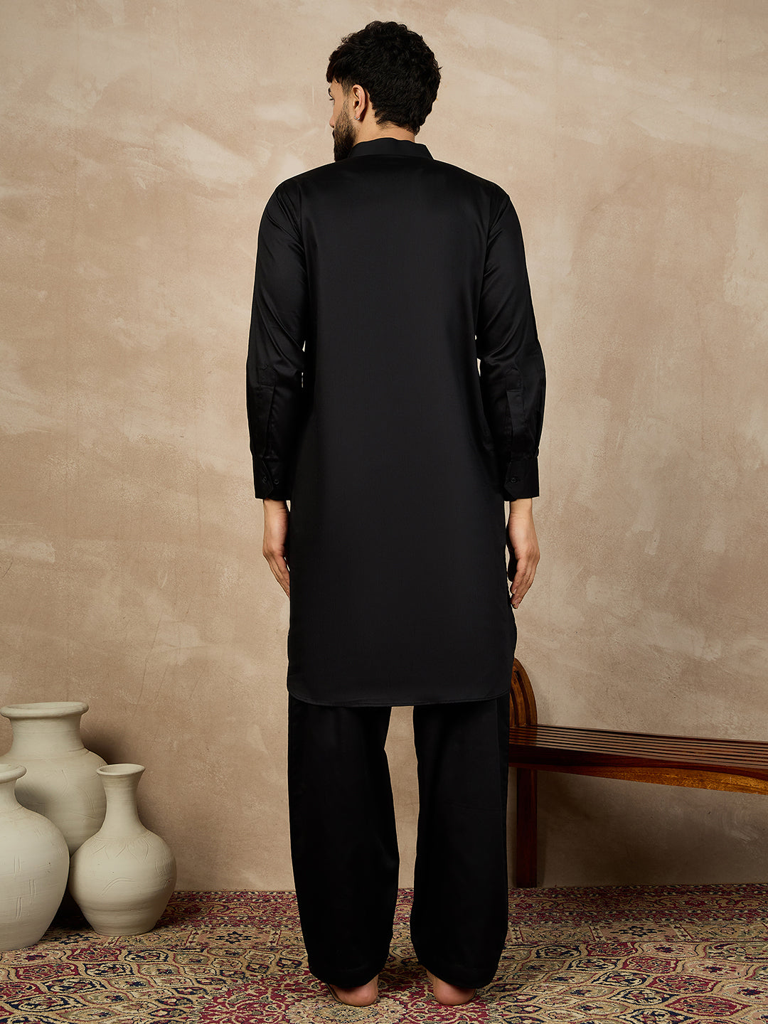 Men’s Black Solid Cotton Pathani Kurta Pajama Set